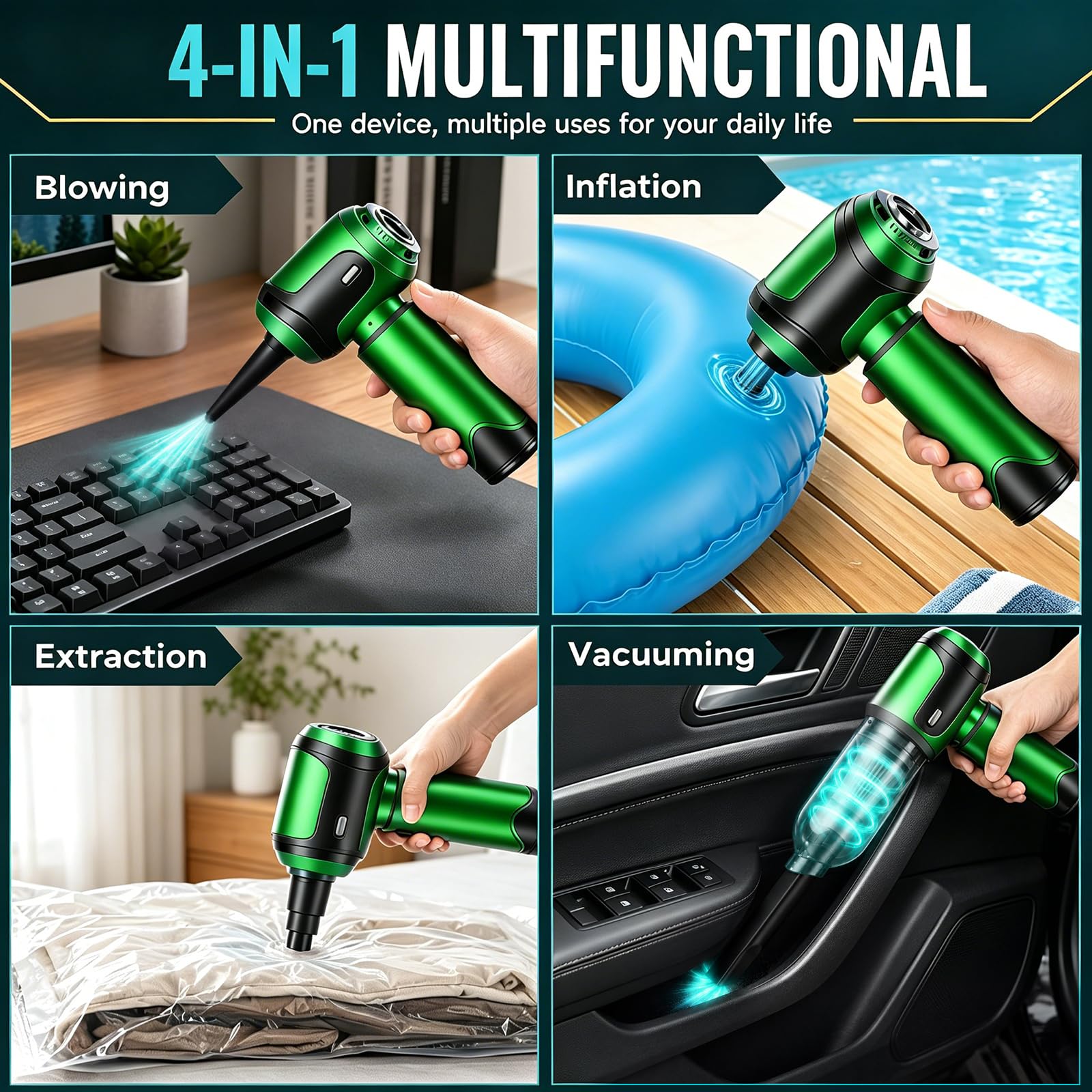 Handheld Vacuum Cleaner Car Cordless, 26000Pa 4-in-1 Powerful Car Vacuum Cleaner, Portable Mini Vacuum Air Duster, 3 Speed Vacuum for Car, Home, Pet Hair, Green