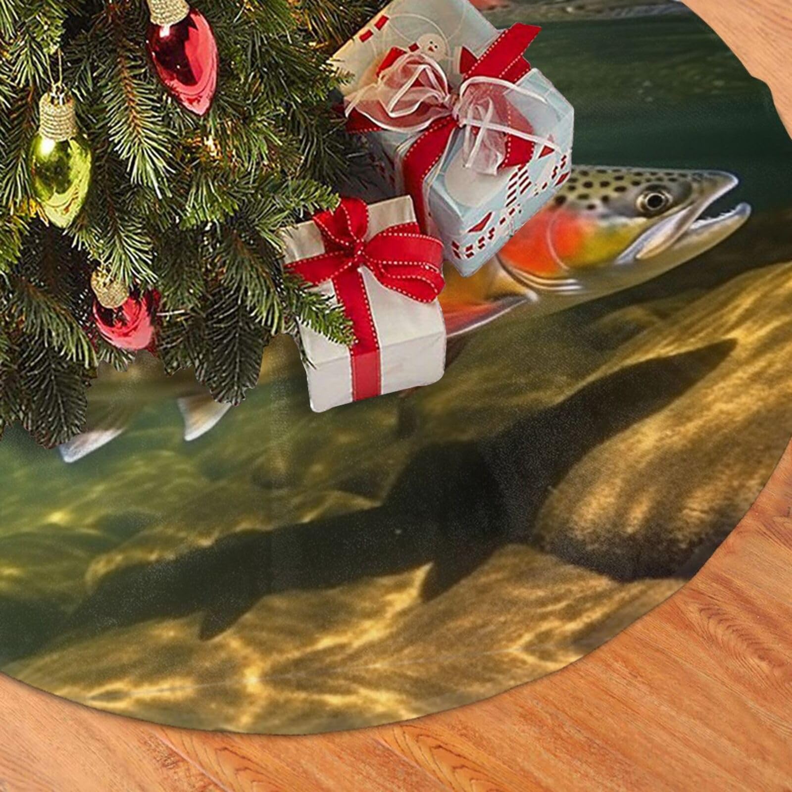 Fodpand Black Brook Trout Fly Fishing Christmas Tree Skirt 30" Velvet Xmas Tree Skirt Mat Rustic Christmas Tree Mat Cover Winter Xmas Tree Collar For Indoor Outdoor Christmas Decorations