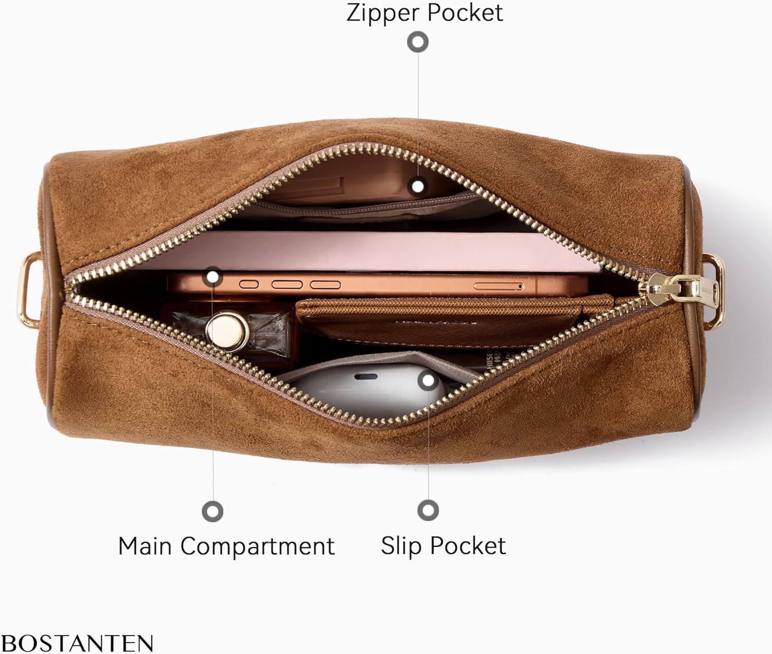 BOSTANTEN Crossbody Purses for Women Suede Leather Shoulder Purse Handbags Vintage Barrel Bag with 2 Adjustable Strap - Image 5