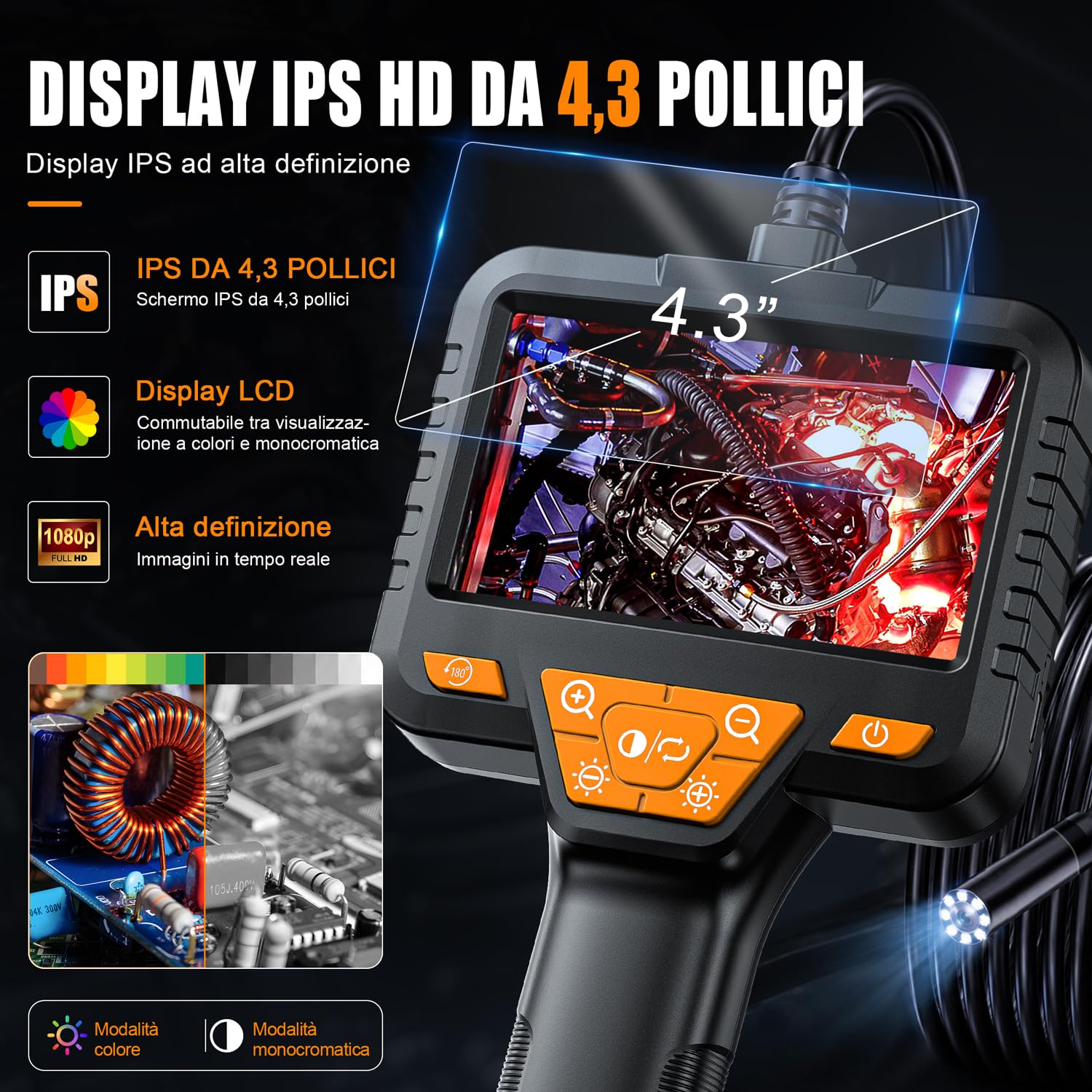 Endoscopio Industriale, SKYBASIC Telecamera Endoscopica 15M con Schermo da 4,3 Pollici Telecamera per Ispezione Impermeabile IP67 Impermeabile, 8 LED, per Tubi, Motore Auto, Scarichi e Casa