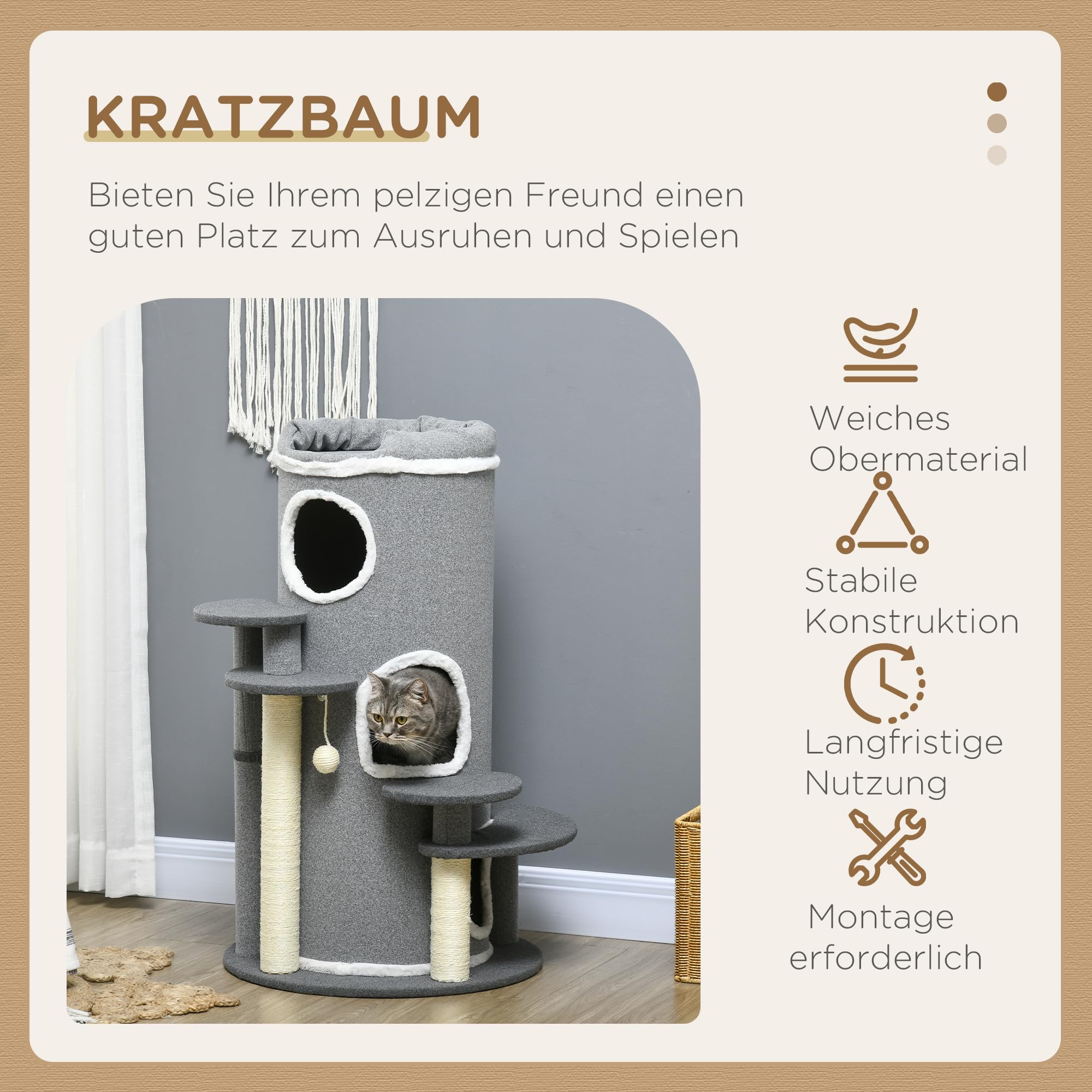 PawHut Kratzbaum 99 cm Katzenturm mit 3 Höhle, Spielball, Sisalstämme, Plattform, mehrstöckiger Katzenkratzbaum, Kletterbaum, für mittelgroße Katzen, Grau