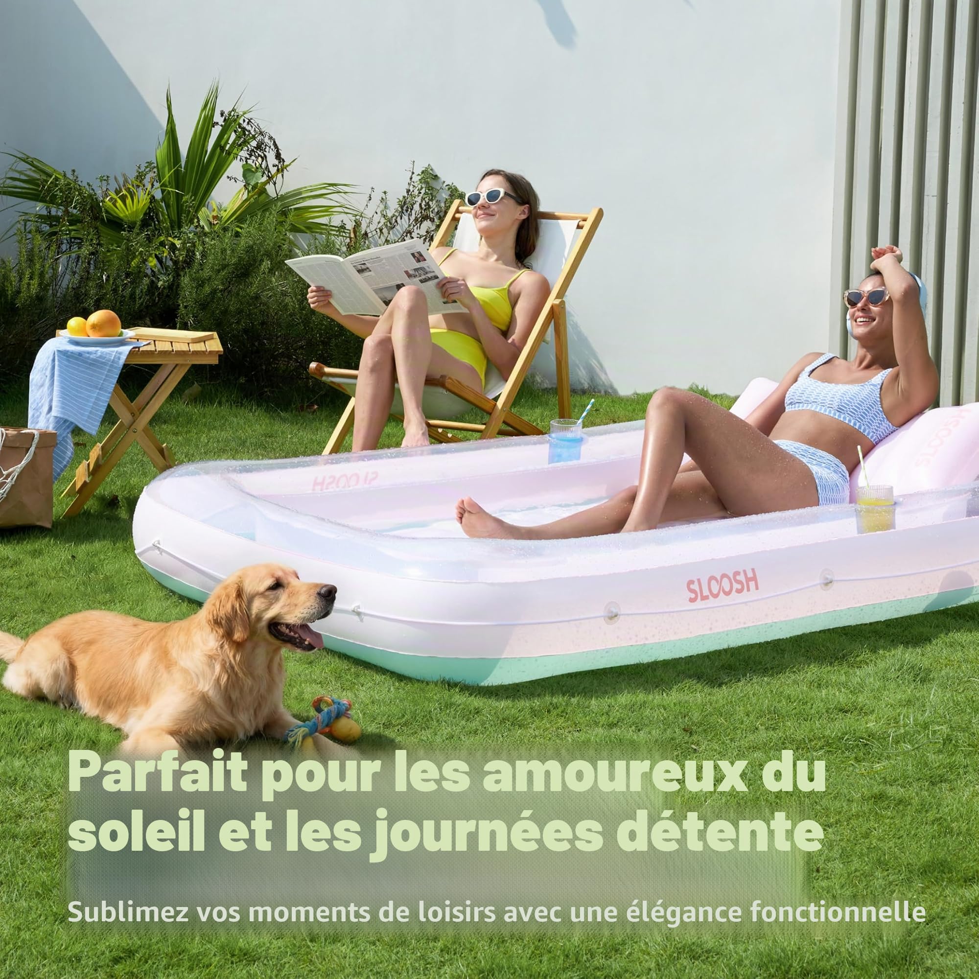 SLOOSH Chaise Longue Gonflable pour Bronzage en Piscine, 216 cm x 145 cm - Baignoire de Soleil pour Adultes - Flotteur de Piscine Gonflable pour Bronzer - Lit de Bronzage Gonflable pour Piscine pour