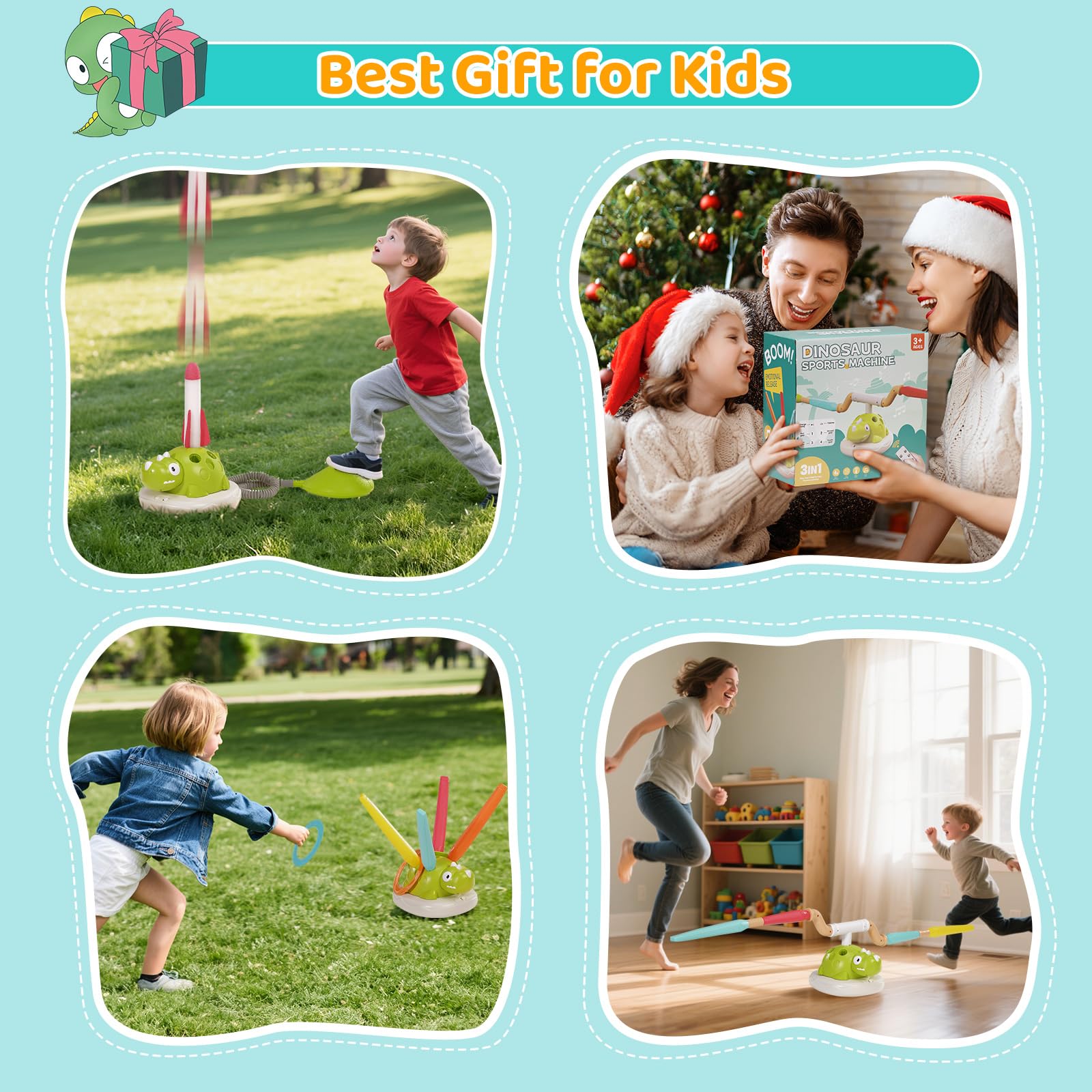 3 in 1 Musical Garden Jump Sportspielzeug, Outdoor Dinosaurier Kinder Launcher Sportspiel, Musical Jump, Ring Toss Game, Rocket Launcher Spielzeug für Kinder im Alter von 3-12 Jahre alt