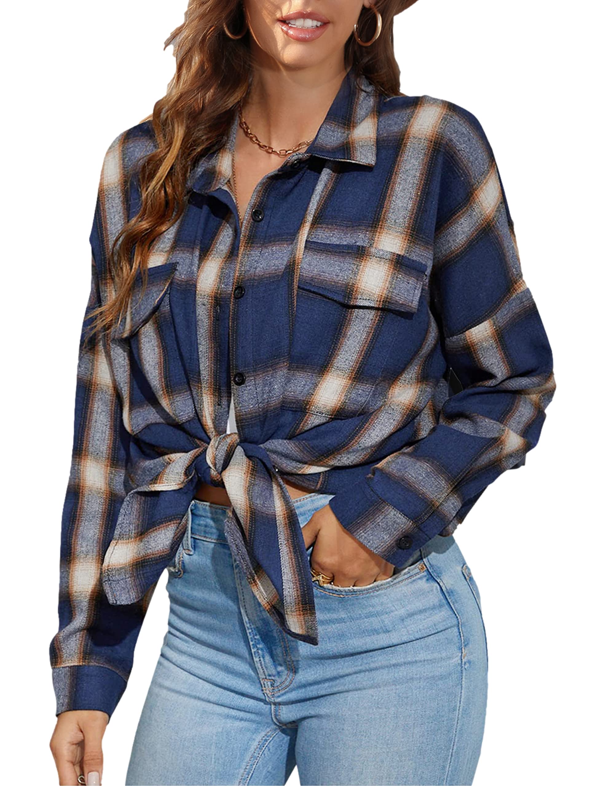 Bozanly Womens Flannel Plaid Shirts Oversized Long Sleeve Button Down Shacket Blouse Tops