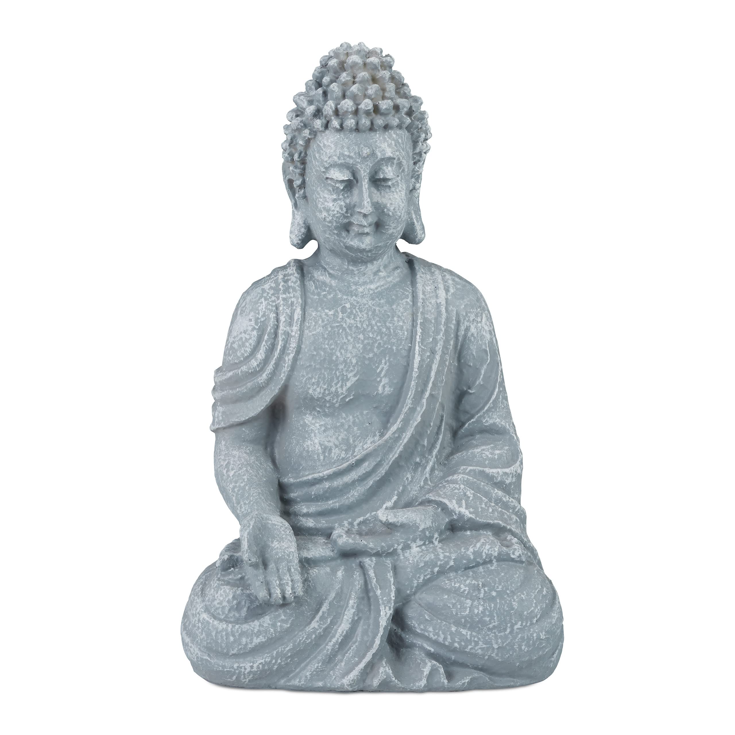 Relaxdays Estatua Buda Sentado, 30 cm, Figura Jardín, Salón, Polirresina, Resistente a Intemperie y Heladas, Gris Claro