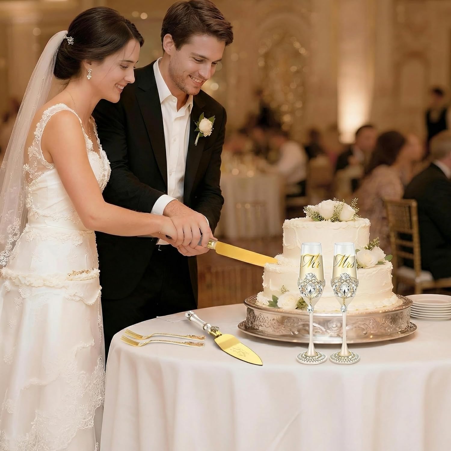 Wedding Cake Cutting Set, Luxury Handcrafted Crystal Champagne Flutes with Gold Petal Rhinestones and Pendant, Wedding Cake Knife and Server Set, Engagement Gifts for Couples, Gift-ready Box