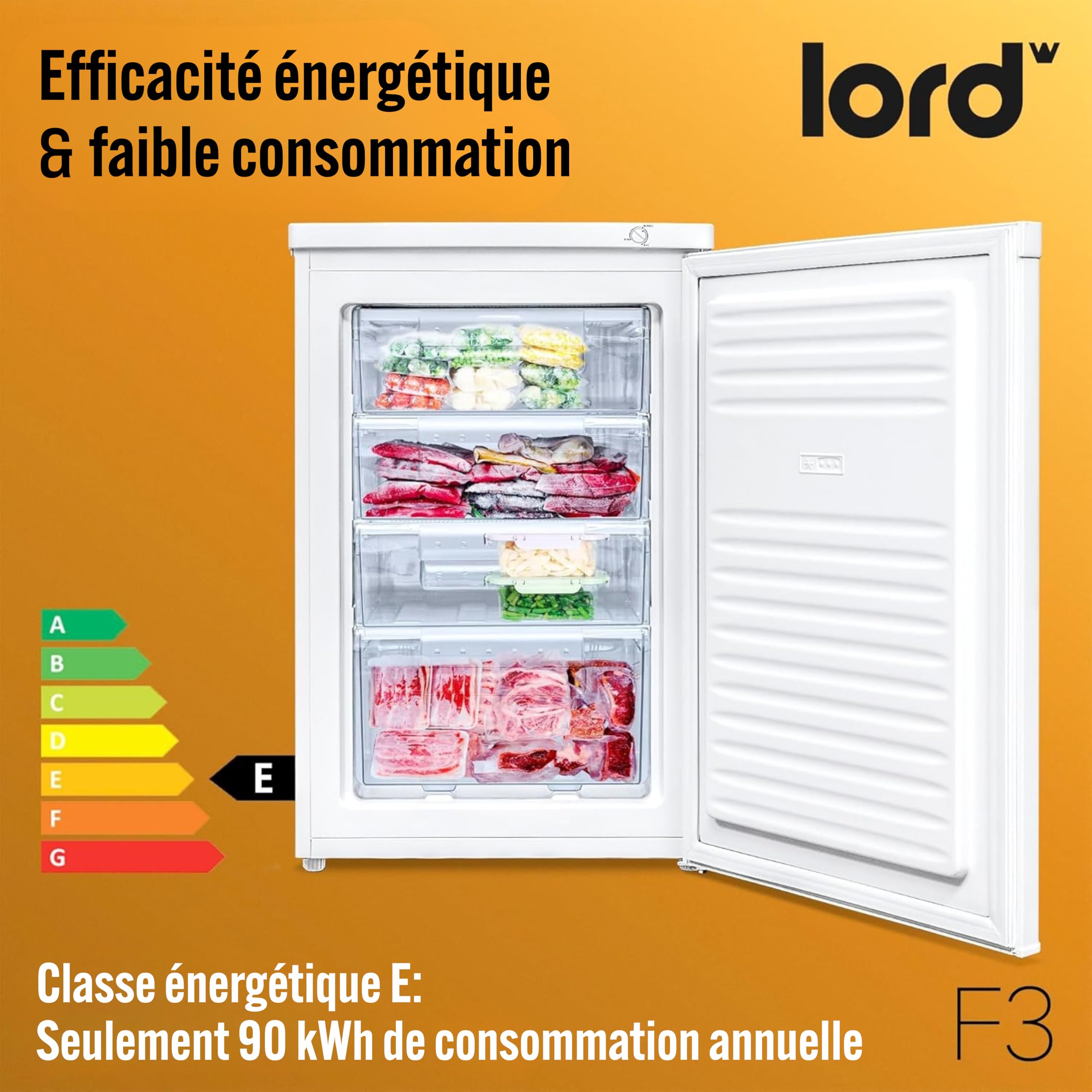 Lord R2 Réfrigérateur 1 Porte – Petit frigo, 85 cm, 127 L, pose libre, sans compartiment de congélation, silencieux 39 dB, classe énergétique E, Blanc