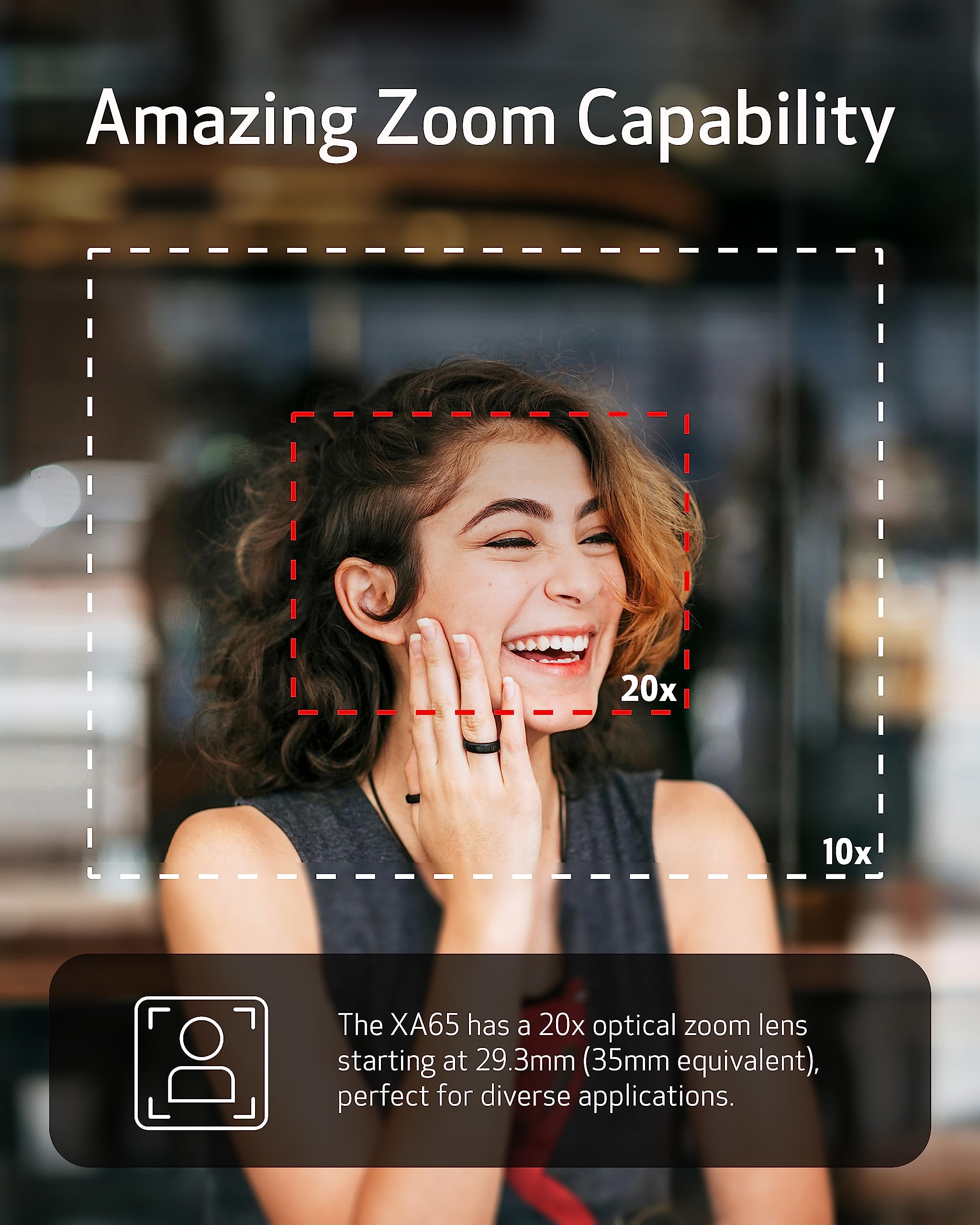 A woman's face with a red dashed box indicating 20x optical zoom capability, illustrating the camcorder's zoom range.