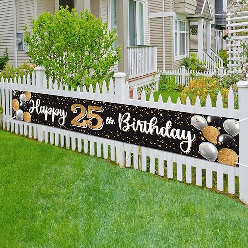 Vista 6 de Cartel de feliz cumpleaños 25 negro y dorado para patio, cartel de felicitación a 25 años de edad, telón de fondo fotoprop para el hogar, decoración