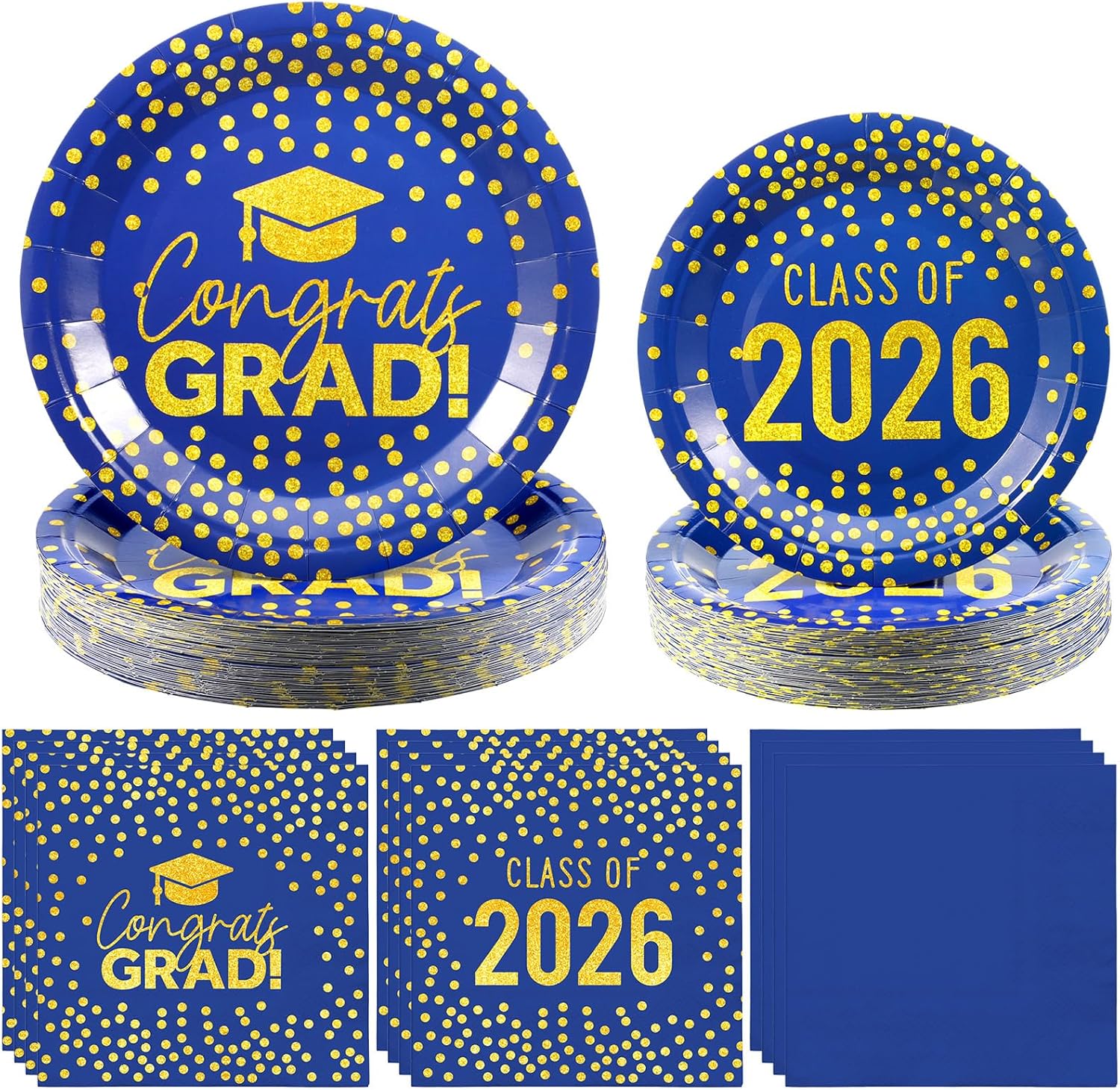 FoldTier 200 Pcs Graduation Plates and Napkins 2026, Blue and Gold Graduation Decorations, Class of 2026 Congrats Grad Paper Plates and Napkins for College High School Graduations Party, Serve 50
