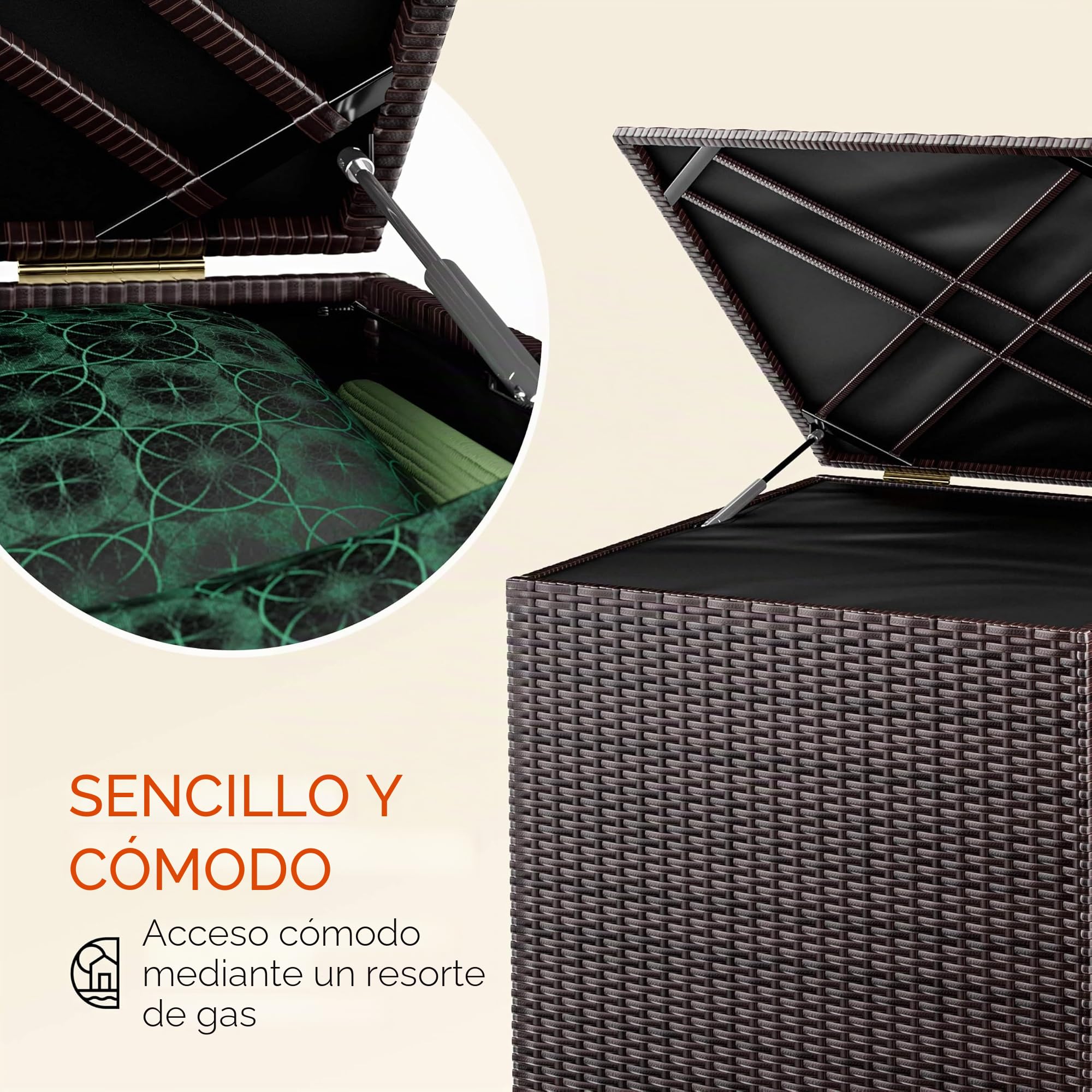 CASARIA® Baúl Almacenamiento 318L XXL Poliratán Acero 75x75x70cm Almacenaje Exterior Cojines Herramientas Resistente Intemperie Patio Terraza Marrón