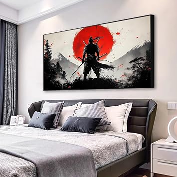 Japanese Canvas Wall Art, Japanese Samurai Canvas Wall Art, Black and White Armored Samurai Canvas Picture, Warrior Figure Pictures, Japanese Wall Art, Samurai Poster Black Framed, 48x27in|122x68cm