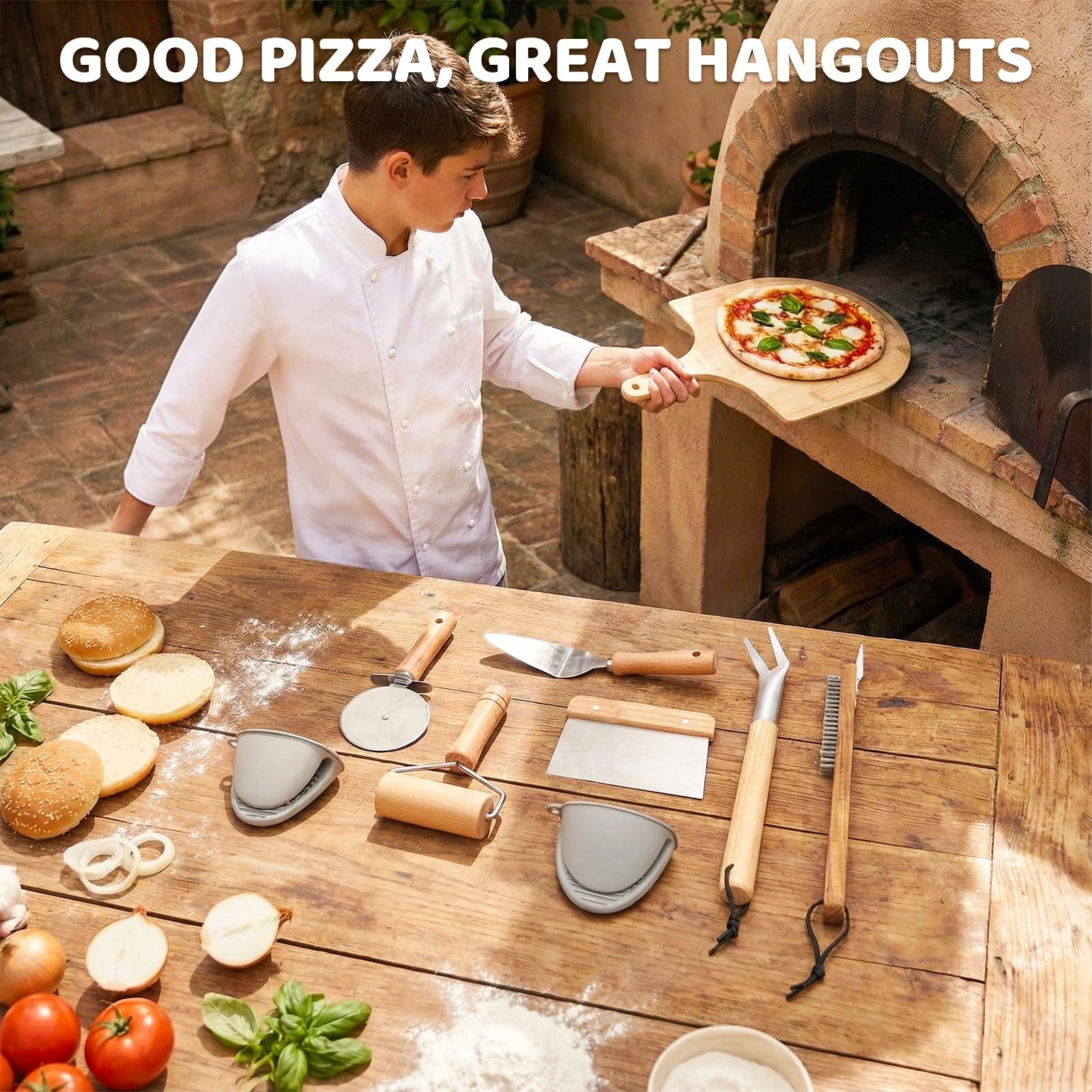 Kit di accessori per forno per pizza, versatile kit di 7 strumenti per la preparazione della pizza, per forni domestici ed esterni, include pala per pizza, spazzola da forno, paletta per bolle
