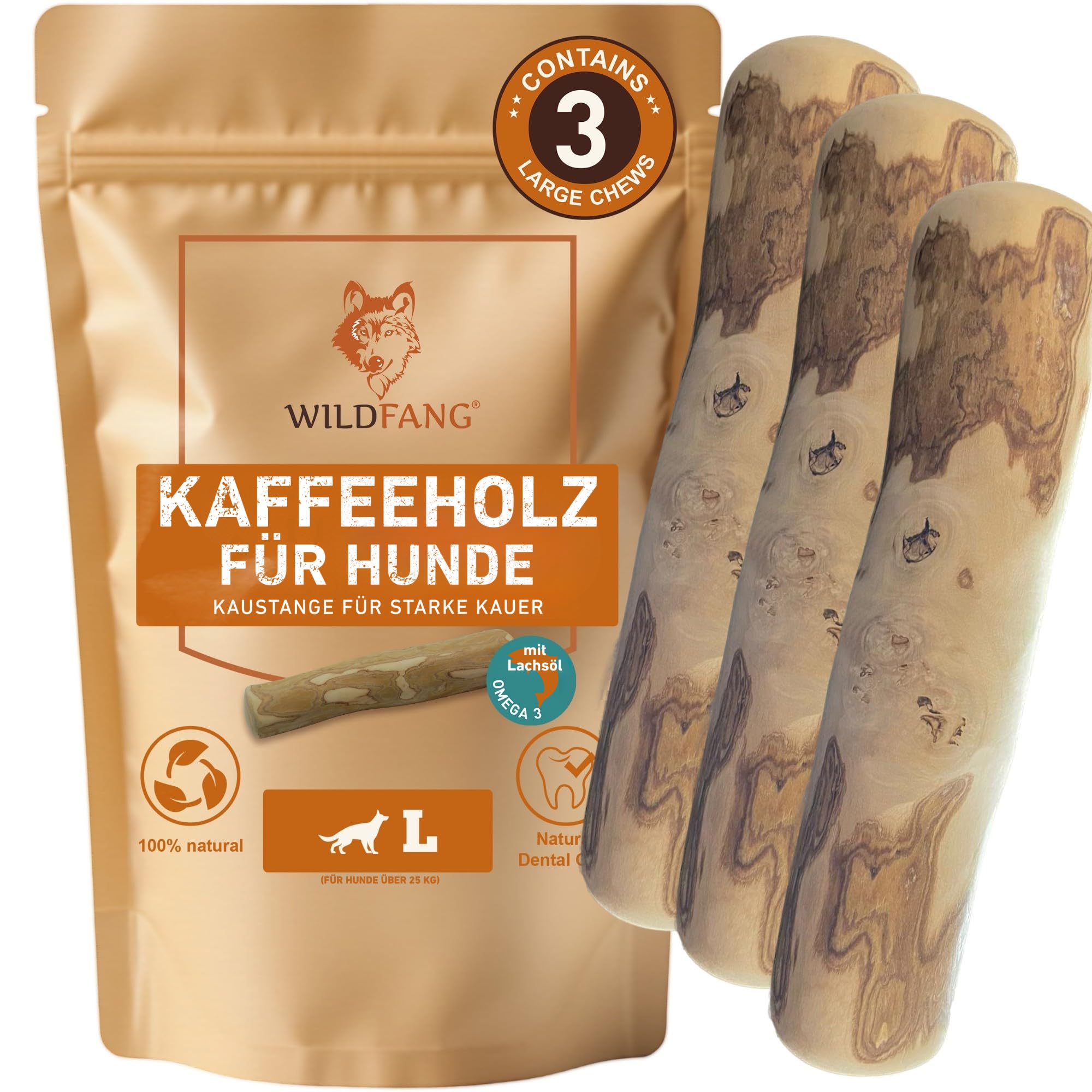 Wildfang® Kaffeeholz für Hunde mit Lachsöl – Kauspielzeug aus Kaffeeholz für Aggressive Kauer und Welpen im Zahnwechsel. Zahnpflege-Spielzeug für Hunde, Größe L (über 25 kg), 3er-Pack