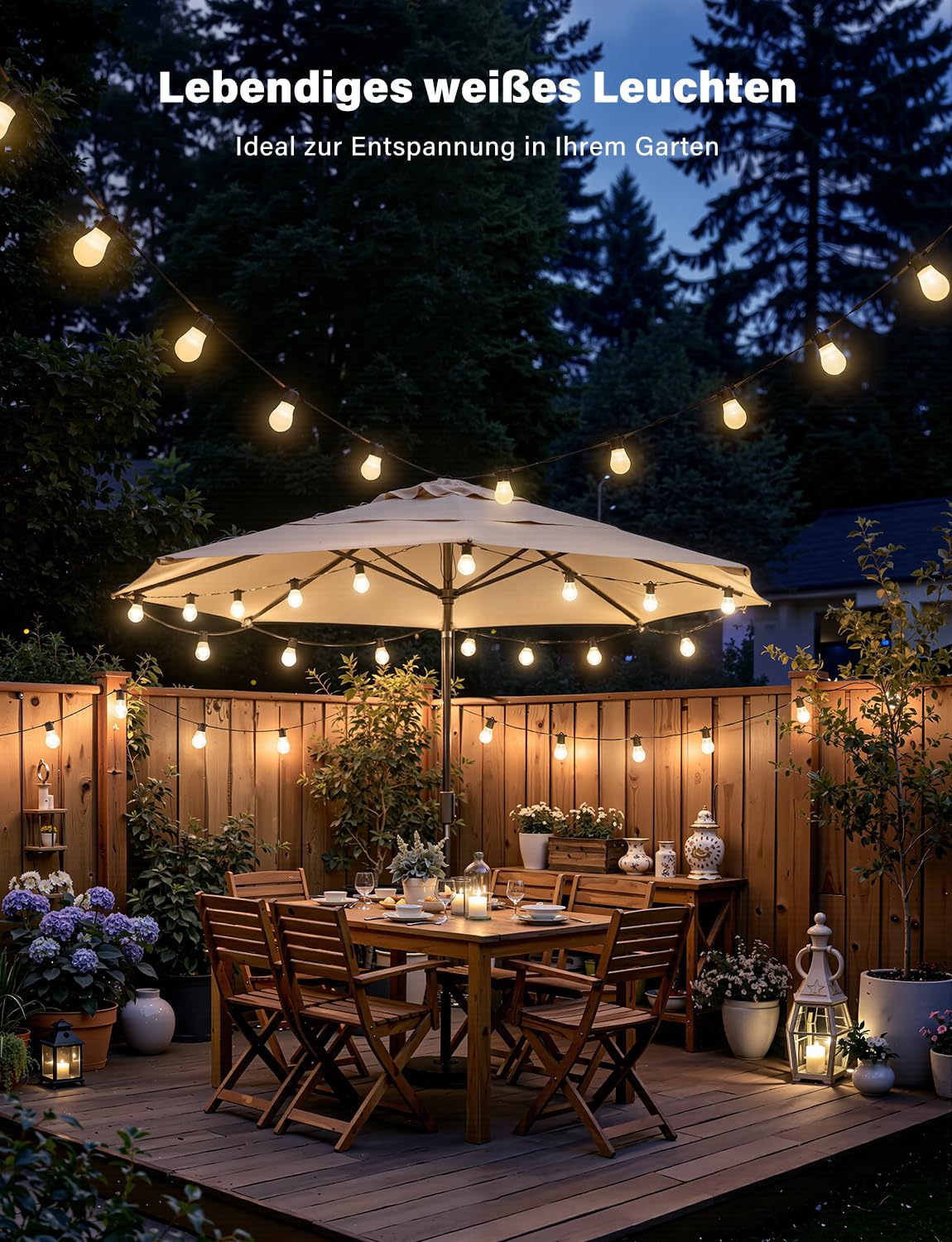 Ollny Lichterkette Außen 15M, RGBW S14 LED Lichterketten Outdoor Strom Dimmbar, 90+ Szenenmodi, App-Steuerung, Funktioniert mit Alexa, Google Assistant,IP65 Gartenbeleuchtung für Garten Party Terrasse