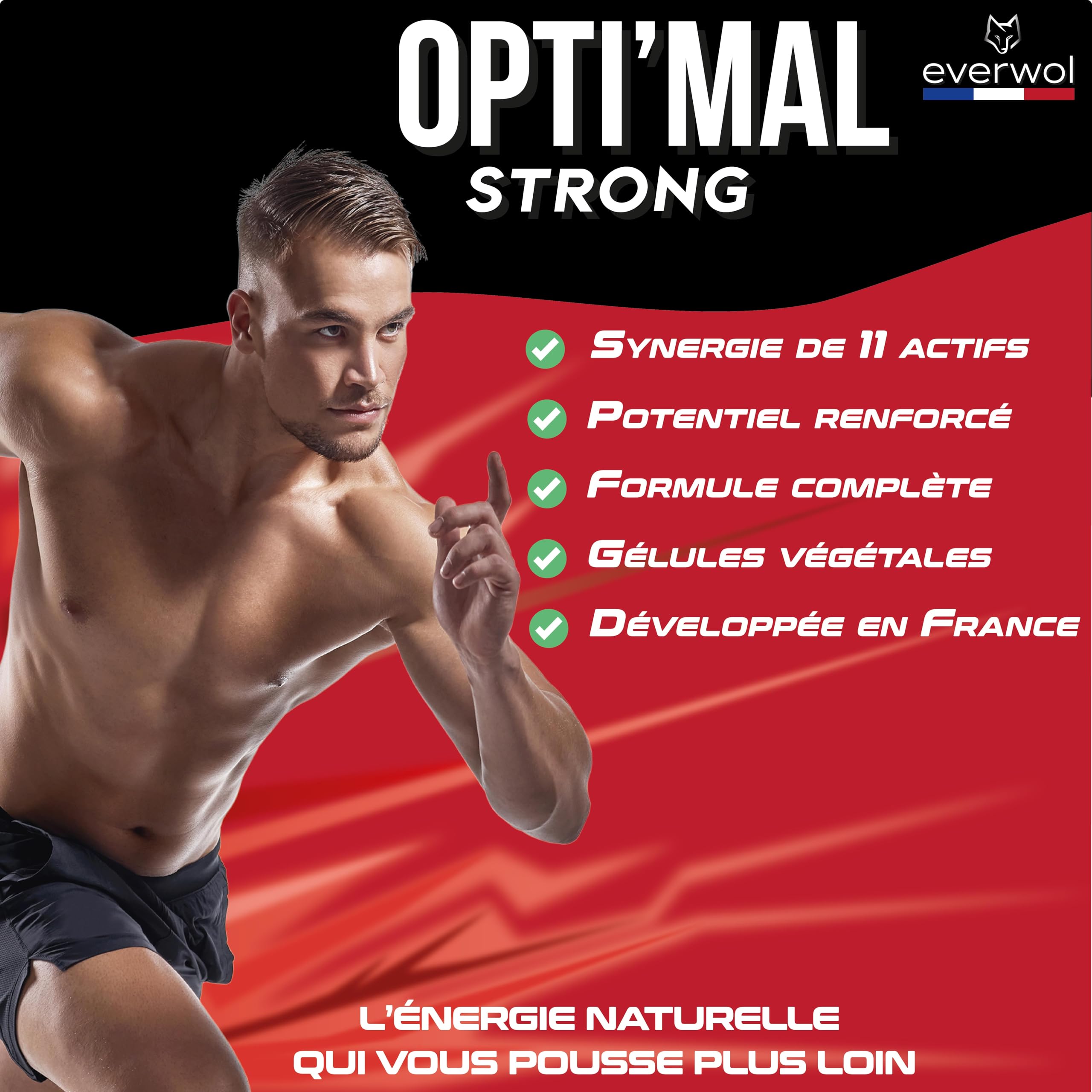 OPTI'MAL STRONG – Complément Alimentaire Homme – Énergie & Vitalité – Ginseng, Maca, Guarana, Zinc & Vitamines – Soutien de la Forme & de l’Endurance – 60 Gélules – EVERWOL