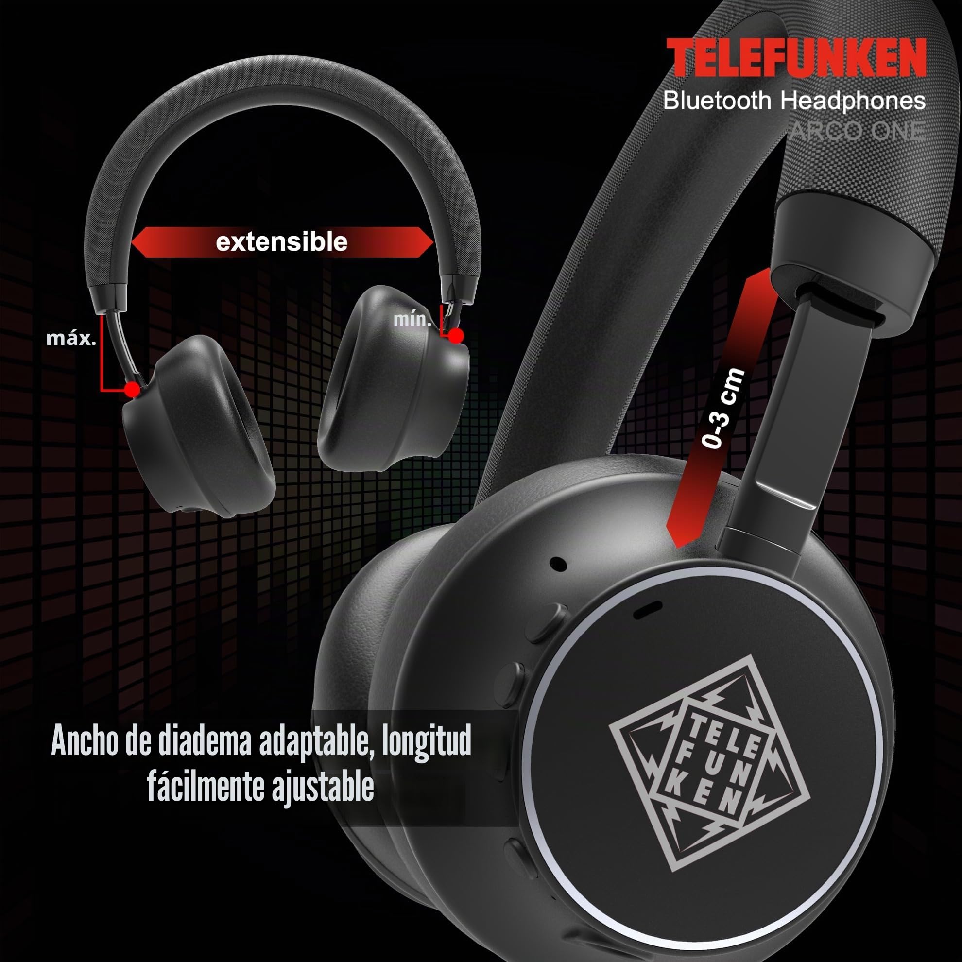 TELEFUNKEN ARCO ONE Auriculares Bluetooth Over-Ear con ANC y micrófono, Multipoint, 30 h de batería (22 h con ANC), controladores de 40 mm, 32 Ω, AUX/3,5 mm y USB-C, IPX3, 220 g, almohadillas