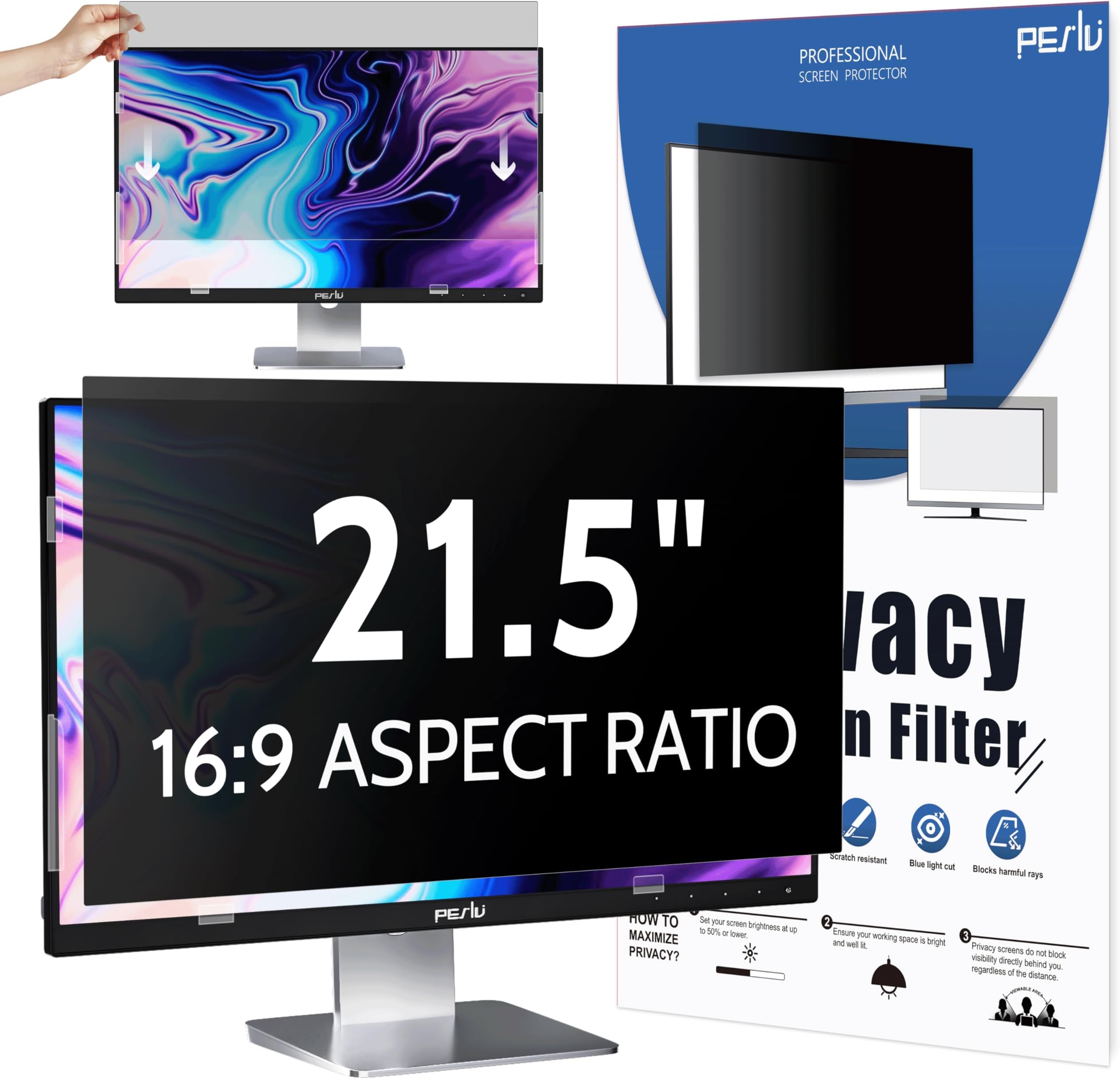 Peslv Computer Privacy Screen 21.5 Inch for 16:9 Widescreen Monitor, Removable 21.5inch Anti Blue Light Anti Glare Monitor Privacy Filter Shield (18 3/4" x 10 9/16")