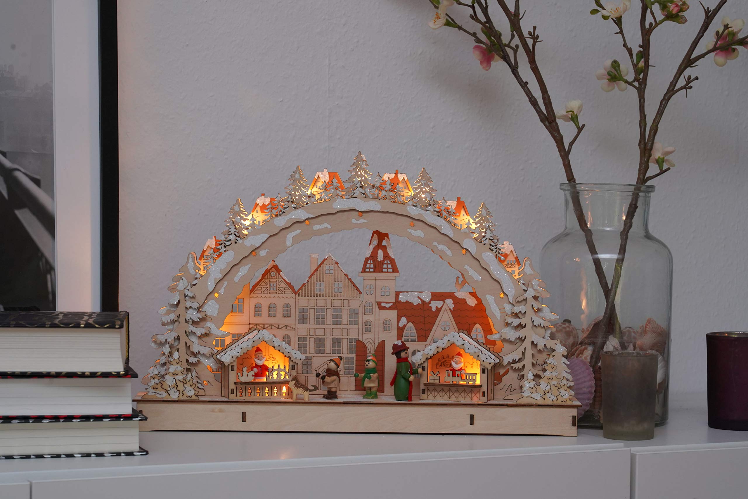 Spetebo Arco luminoso in legno a LED, 45 x 28 cm, motivo mercatino di Natale, decorazione per finestra