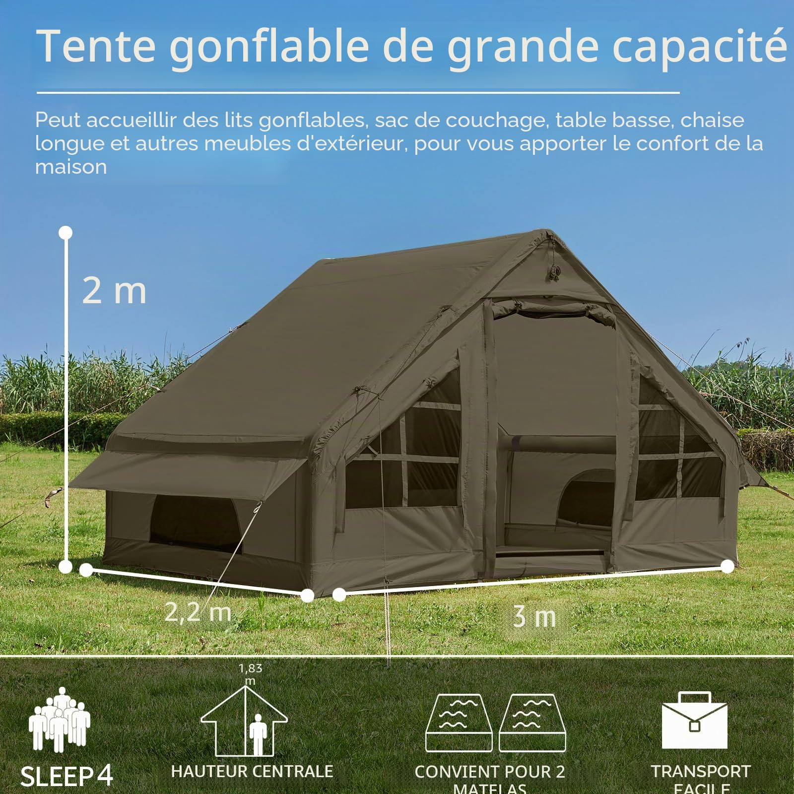 SHANQUAN Tente gonflable avec pompe, tente de camping instantanée pour 4 à 6 personnes, installation facile, tente familiale gonflable pour 4 saisons, tente gonflable imperméable pour le camping avec