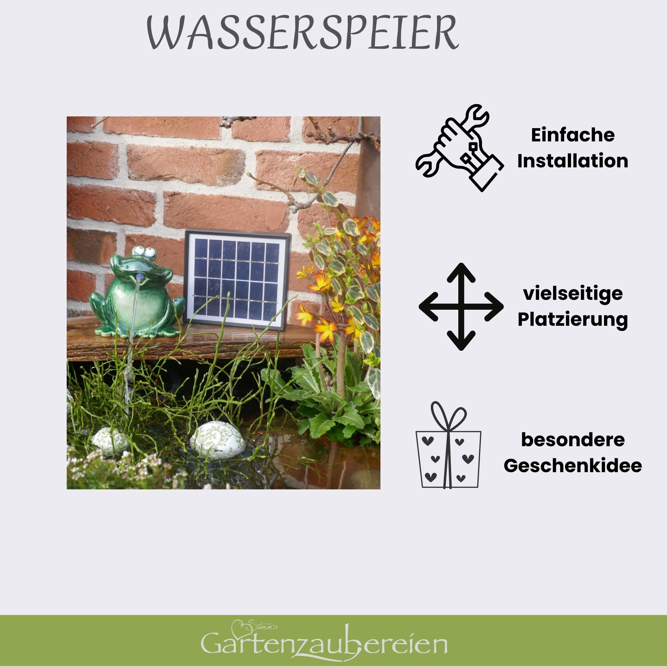 Storm's Gartenzaubereien Wasserspeier Frosch Keramik mit Solarpumpe 12cm
