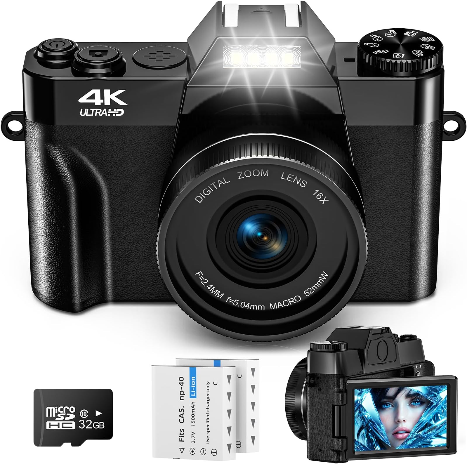 56MP 4K Digital Camera - UHD AutoFocus Vlogging Camera - 16X Digital Zoom 32G SD Card 2 1500mAh Batteries Compact Camera with 3.0 Inch 180° Flip Screen Camera for Teenagers, Beginners,Adults