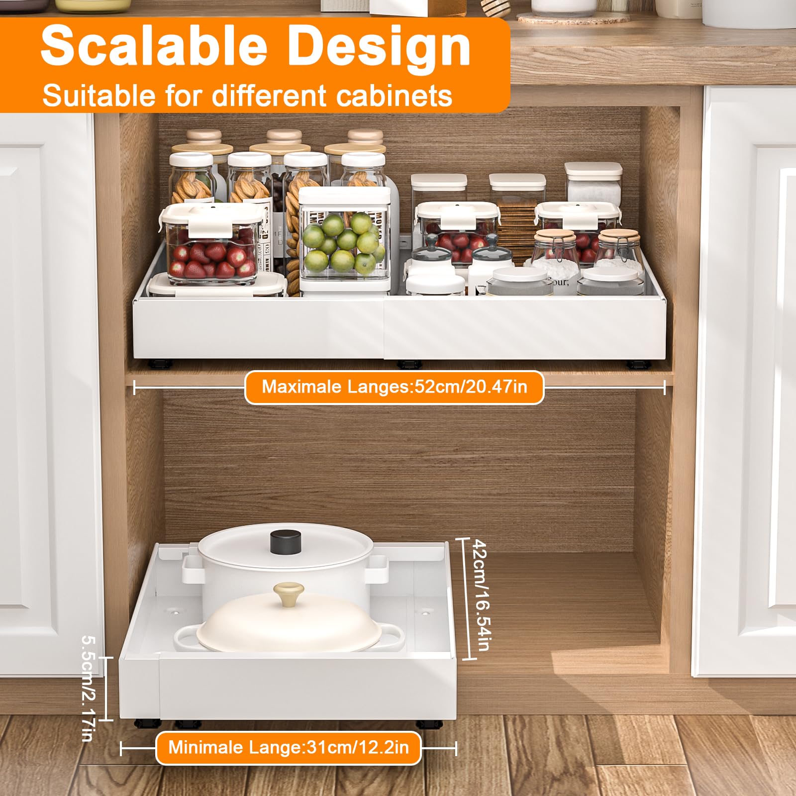 Diealles Shine Teleskopschublade, 2 Stück Einstellbare Breite 31-52CM Ausziehbare Schublade Küche, Ohne Bohren Küchenschrank Organizer Ausziehbar für Kitchen