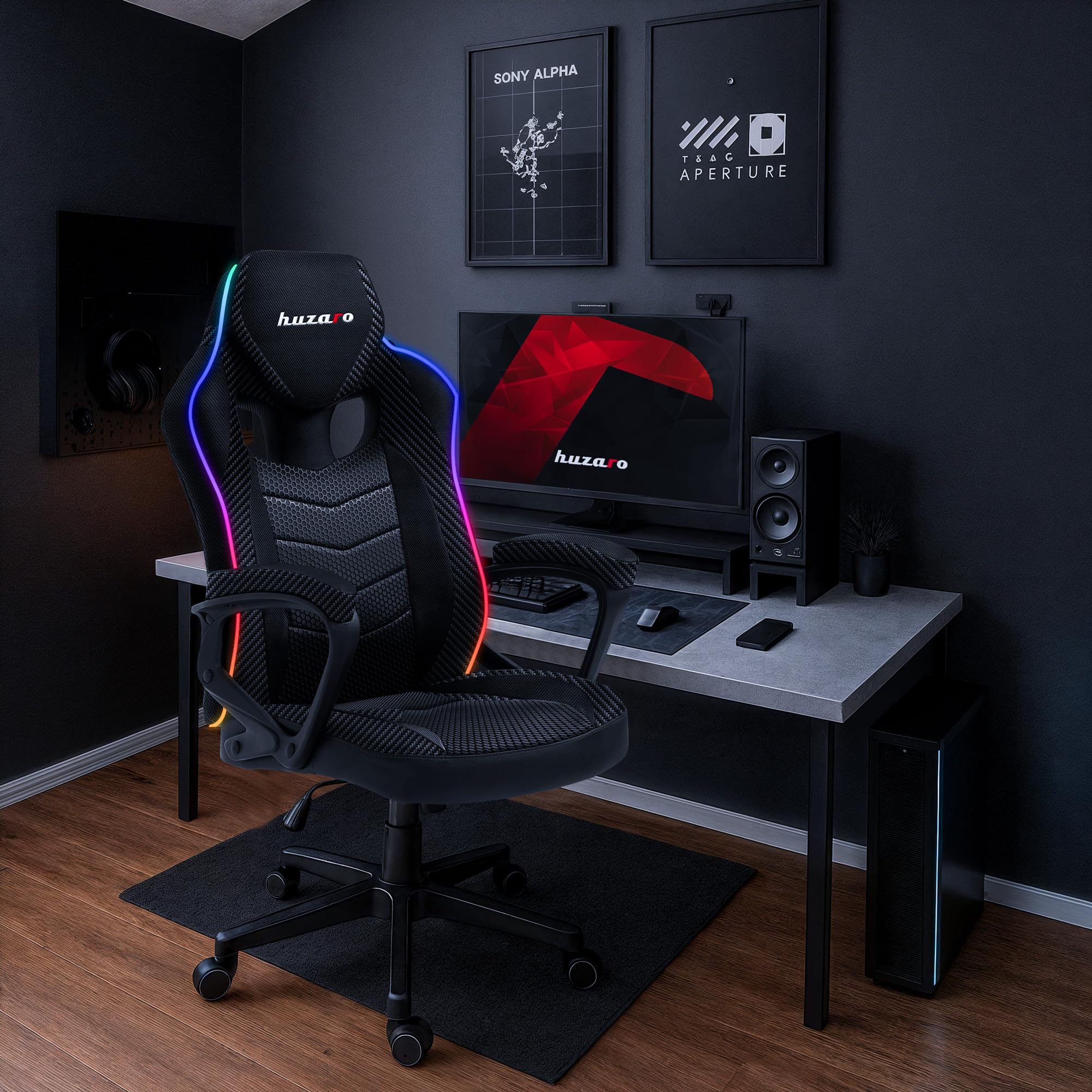 huzaro Force 2.5 Gaming Stuhl mit LED - ergonomischer Gaming Stuhl | RGB Beleuchtung mit Fernbedienung - Schreibtischstuhl Gaming mit Wippfunktion - SoftFlex - bis 130 kg - Schwarz Carbon