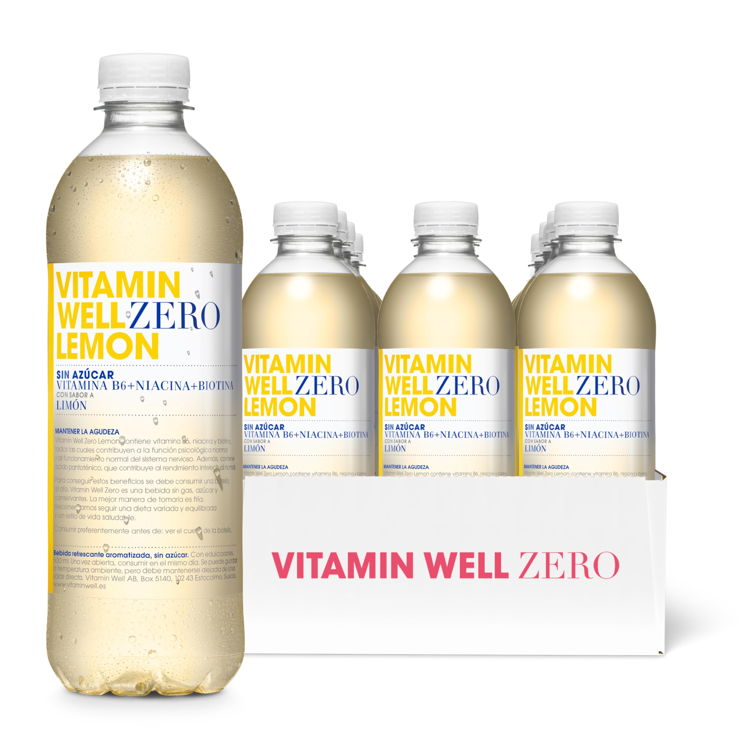 Vitamin Well - Bebida enriquecida sin azúcar con vitaminas C y D, zinc y biotina. Una alternativa saludable con sabor a fresa y ruibarbo. Lemon/Limón (12 x 500 ml).