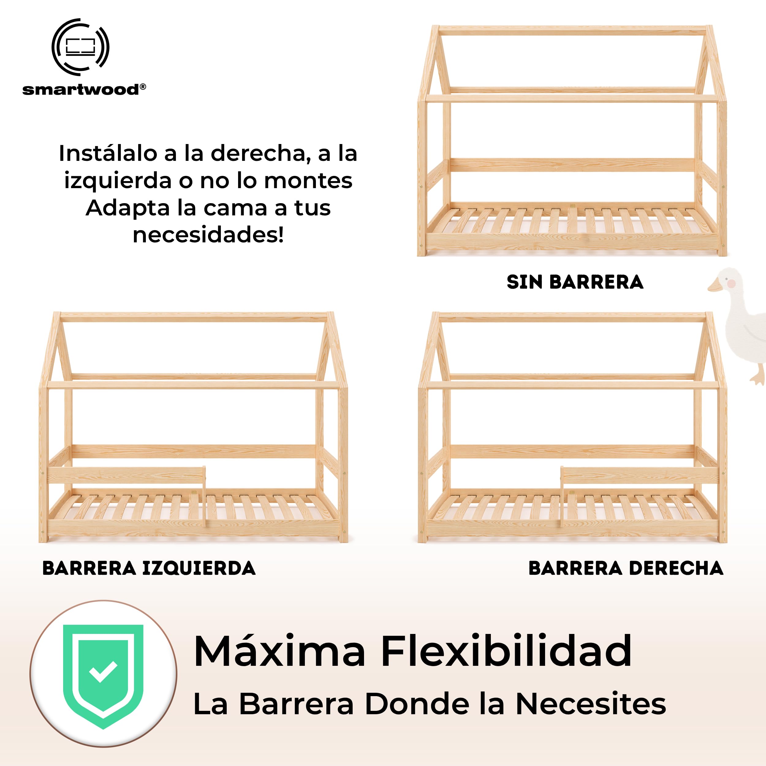smartwood Cama Casita 90x190 cm de Madera Maciza - Cama Montessori con Barandilla y Somier hasta 230 kg - Diseño Escandinavo - para Niños y Niñas - Montaje Fácil - Milo