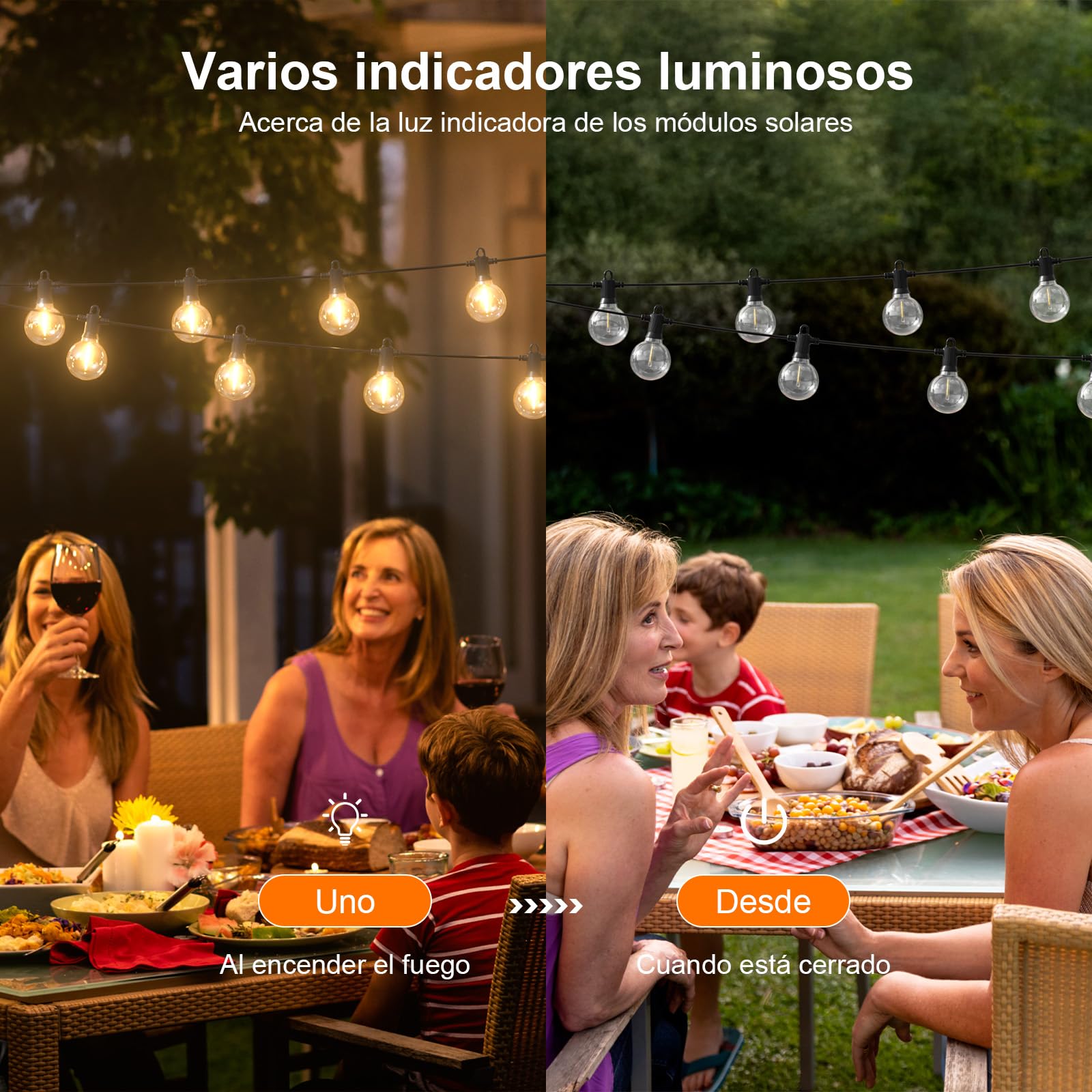 Kawaya Guirnaldas Luces Exterior Solar, 10M Cadena de Luces USB Recargable LED Luces Solares Exteriores Jardín 5 Modos con 15+1 Bombillas G40 para Exteriores Boda Terraza Garden Fiesta Blanca Cálida