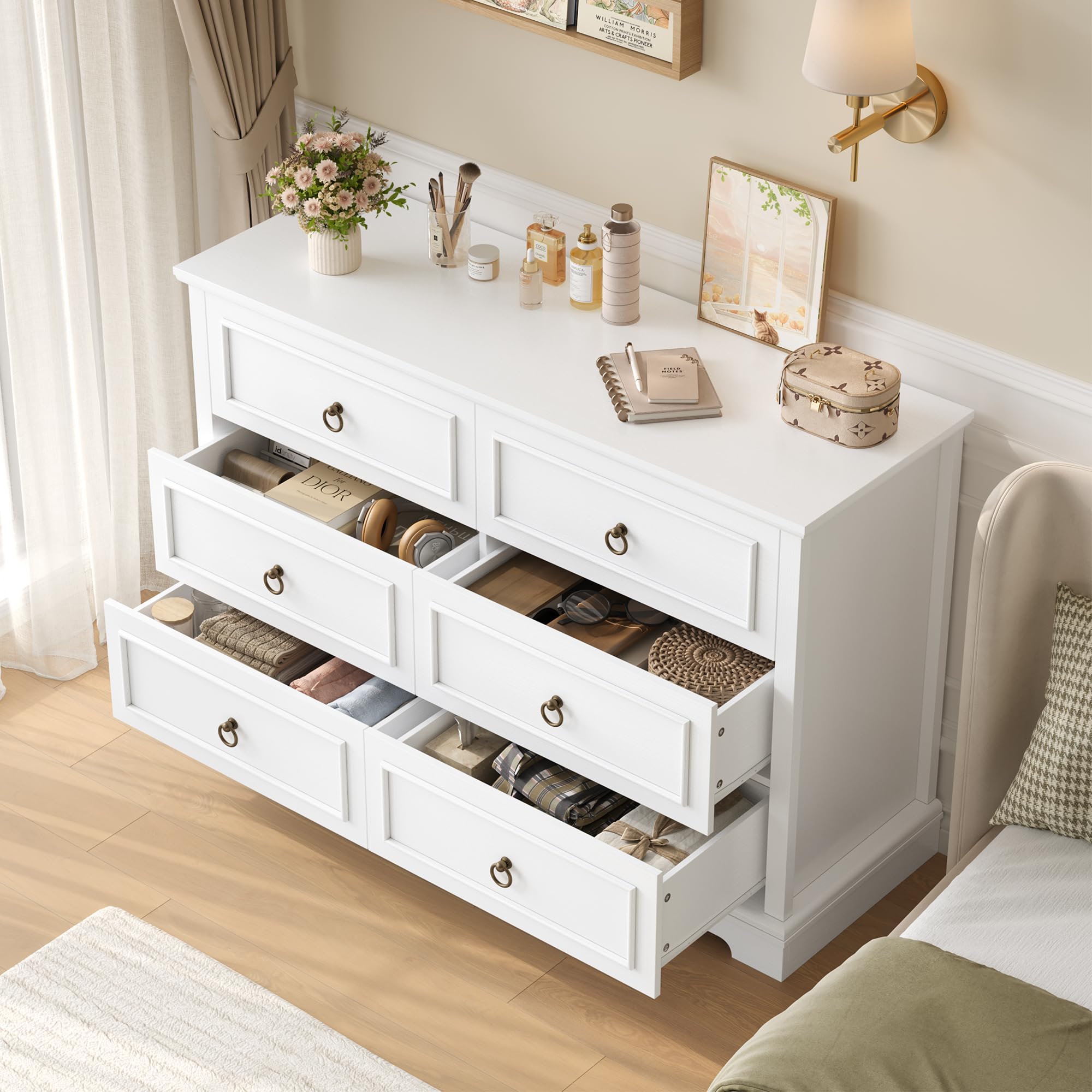 Cómoda de 120 cm de ancho para dormitorio con 6 cajones, aparador blanco con tiradores de anillo de metal, para cocina, dormitorio, sala de estar, moderno, 120 x 39,5 x 84 cm (blanco)