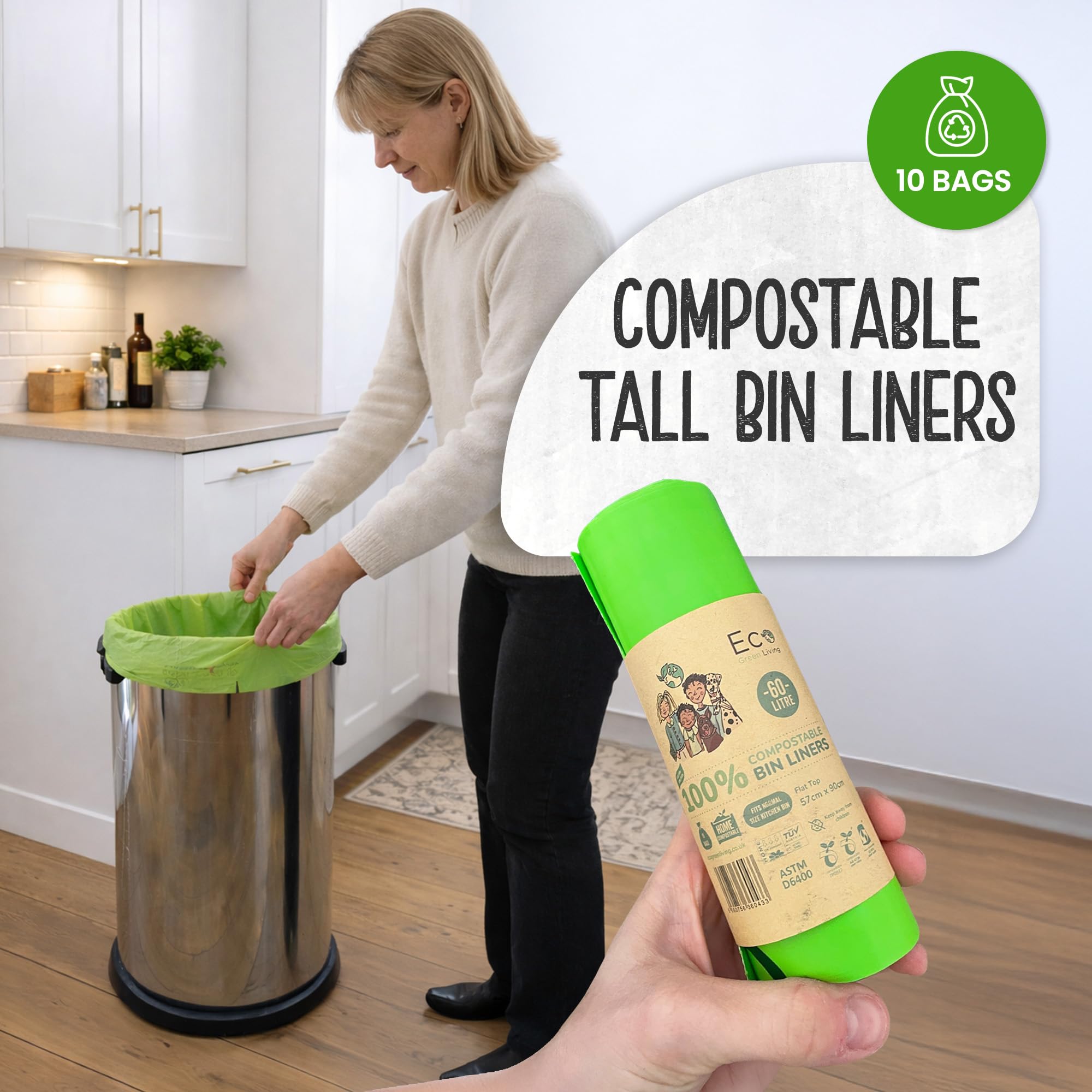 Eco Green Living Sacchi per la spazzatura biodegradabili e compostabili al 100%, 60 litri, per rifiuti alimentari, sacchi alti resistenti,a prova senza BPA, riciclabili, 6 rotoli, 60 sacchetti