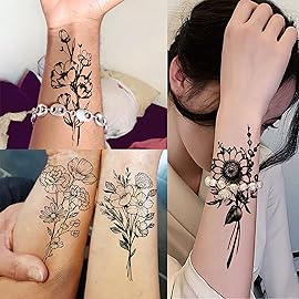 19 Sheets Sexy Realistic Black Flower Bouquet Temporary Tattoos For Women Girls Adults Arm Hand Neck Tatoos Set, Waterproof Small Fake Lavender Sunflower Floral Tattoo Stickers Tiny Branch Tattoo Kit
