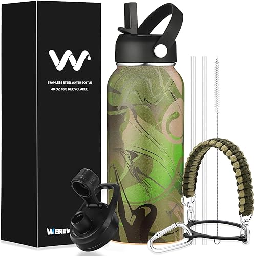 WEREWOLVES Botella de agua aislada personalizada con mango de paracaídas, tapa de popote y tapa de boquilla, botella de agua de boca ancha de acero