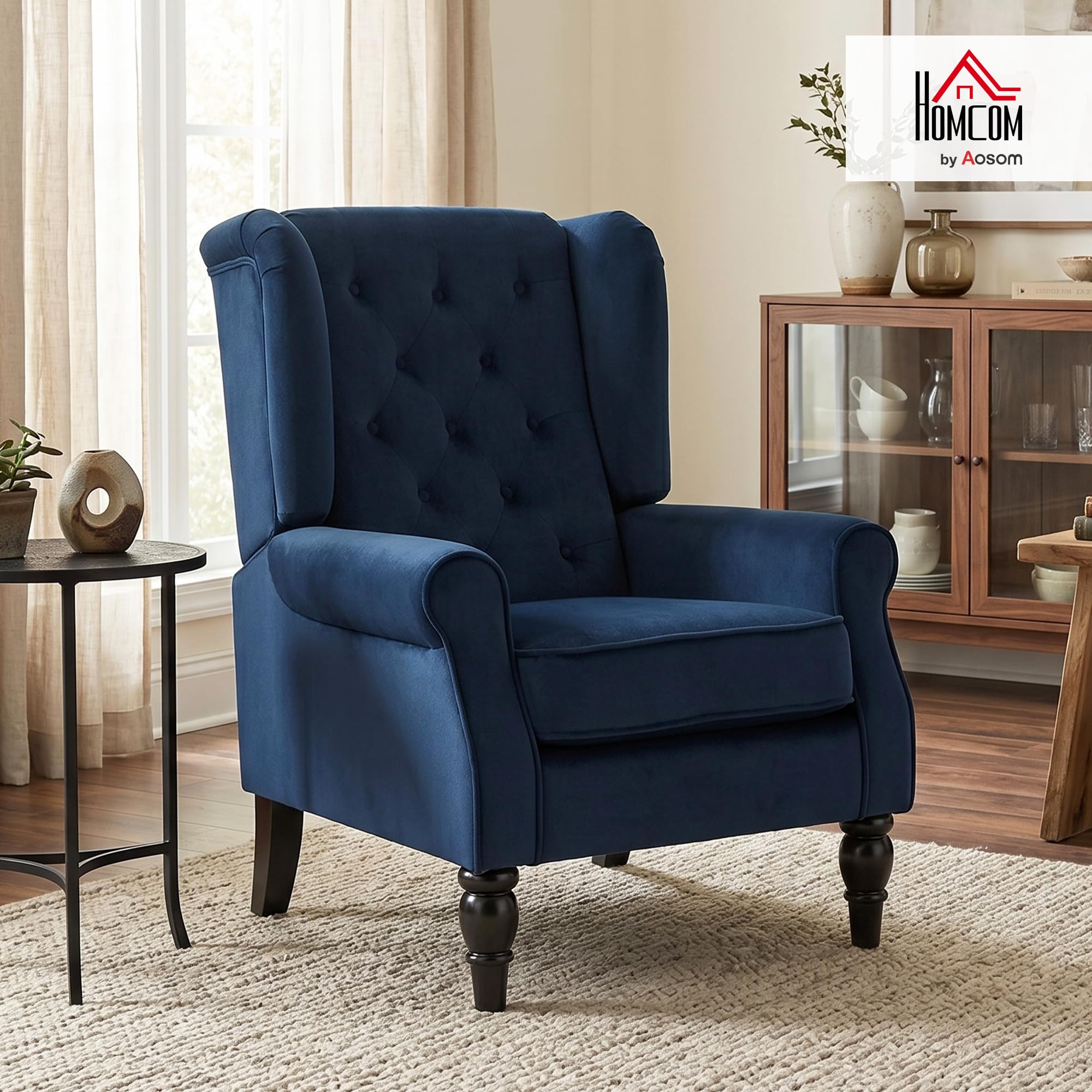HOMCOM Fauteuil de Salon, Fauteuil Capitonné avec Pieds en Bois, Assise Large, Grand Confort, Style Classique, 74 x 86 x 102 cm, Bleu Foncé