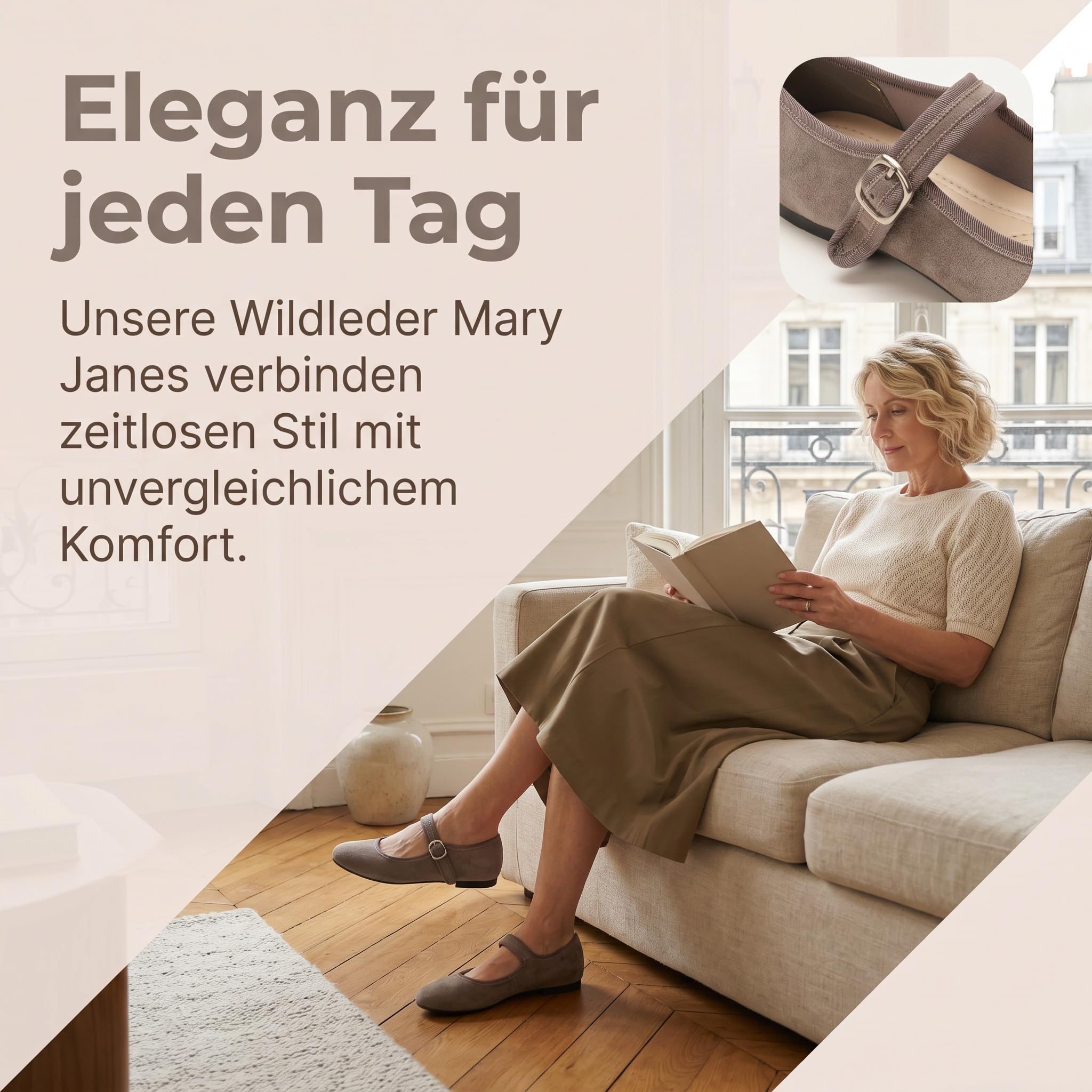 GLAMORA Damen Ballerinas Mary Jane Veloursleder Optik Flach Bequem Schuhe Rundspitze Riemchen Verstellbar Weich Flexible Sohle Slipper Elegant Komfort Freizeit Schuhe