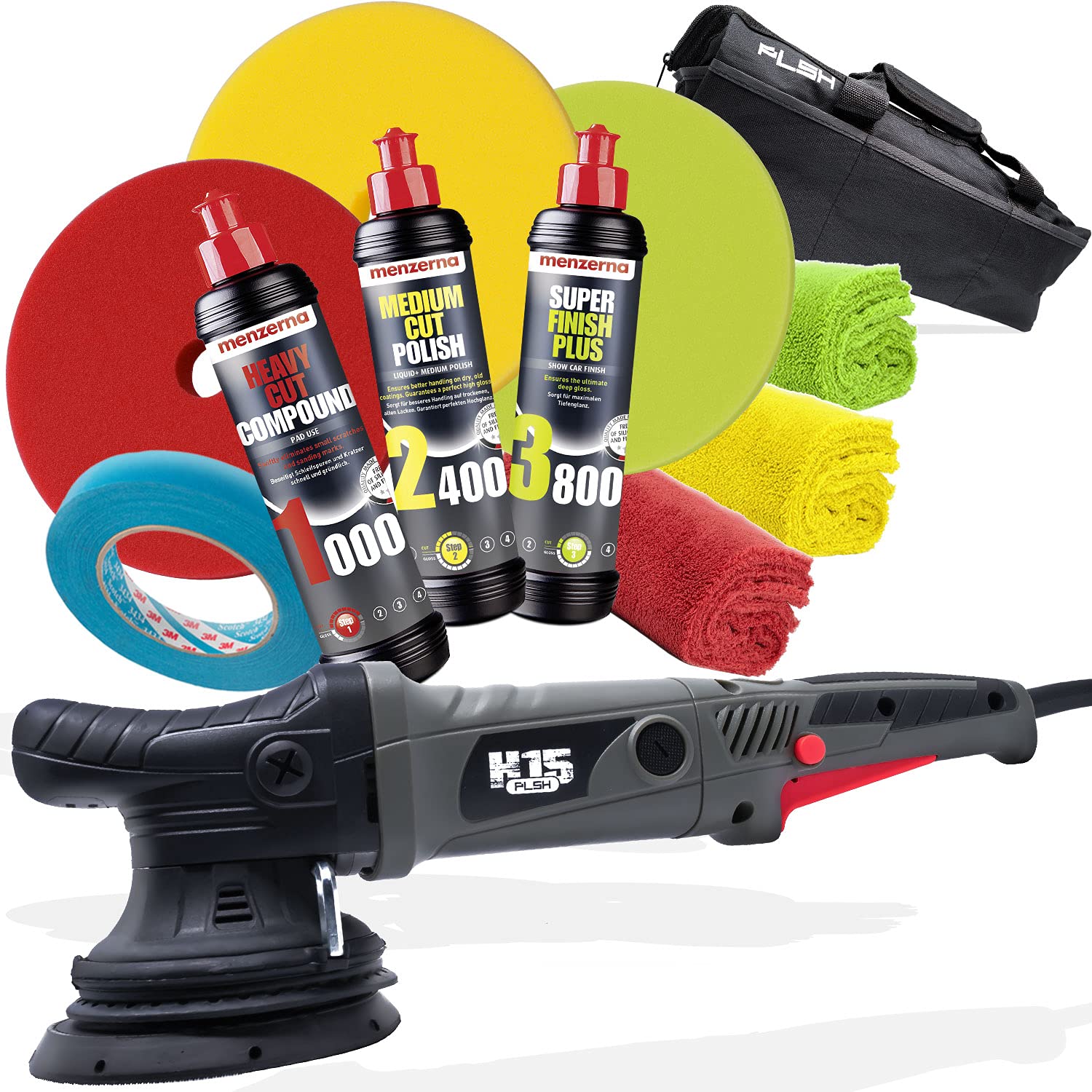 Garage Freaks Juego de máquinas pulidoras: PLSH H15 pulidora excéntrica + 3 abrillantadores menzerna de 250 ml + esponjas de pulido de 150 mm + cinta adhesiva 3M 18 mm/50 m + paños de microfibra de