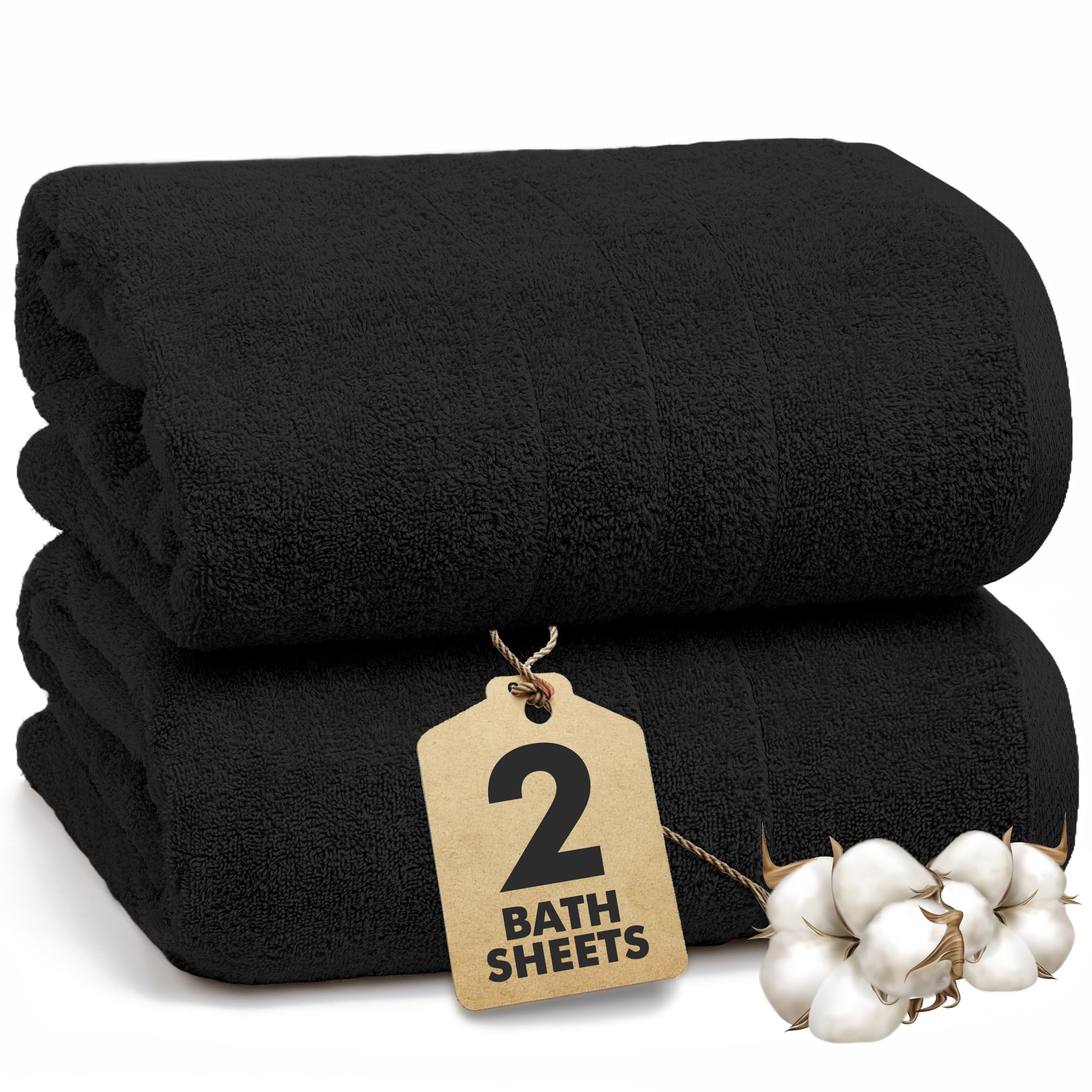 Novo Home Bath Sheets – Extra Large Bathroom Sheet Set – Pack of 2 Jumbo Towels Black (71x35in) – 100% Cotton Soft Quick Dry Large Bath Towels for
