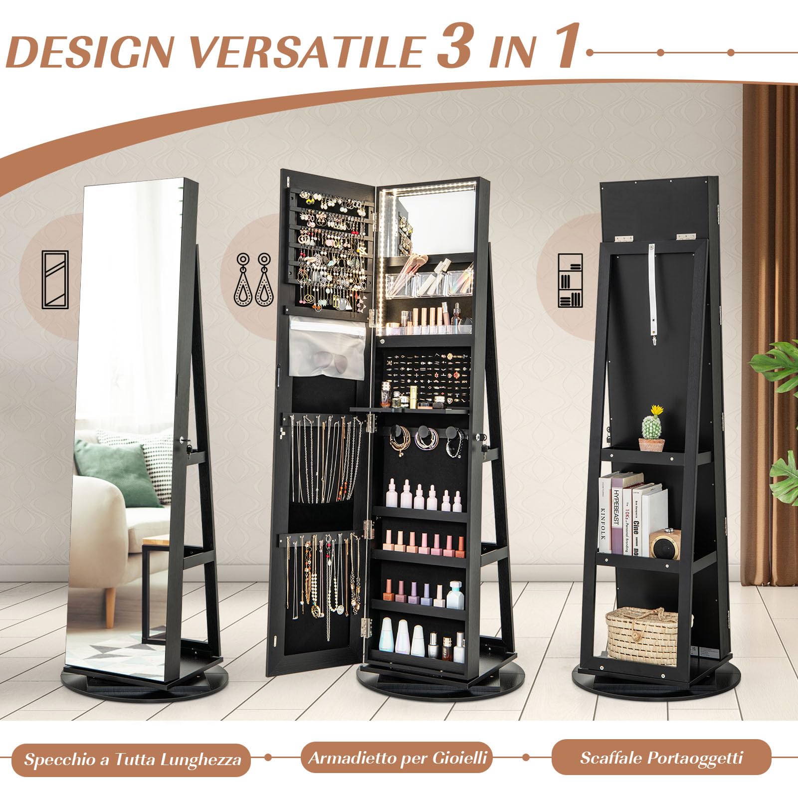 GYMAX Armadietto per Gioielli Girevole a 360°, con Specchio a Figura Intera Luce a LED a 3 Colori, Specchio Interno per il Trucco con Serratura, 54,5 x 54,5 x 161cm (NERO)