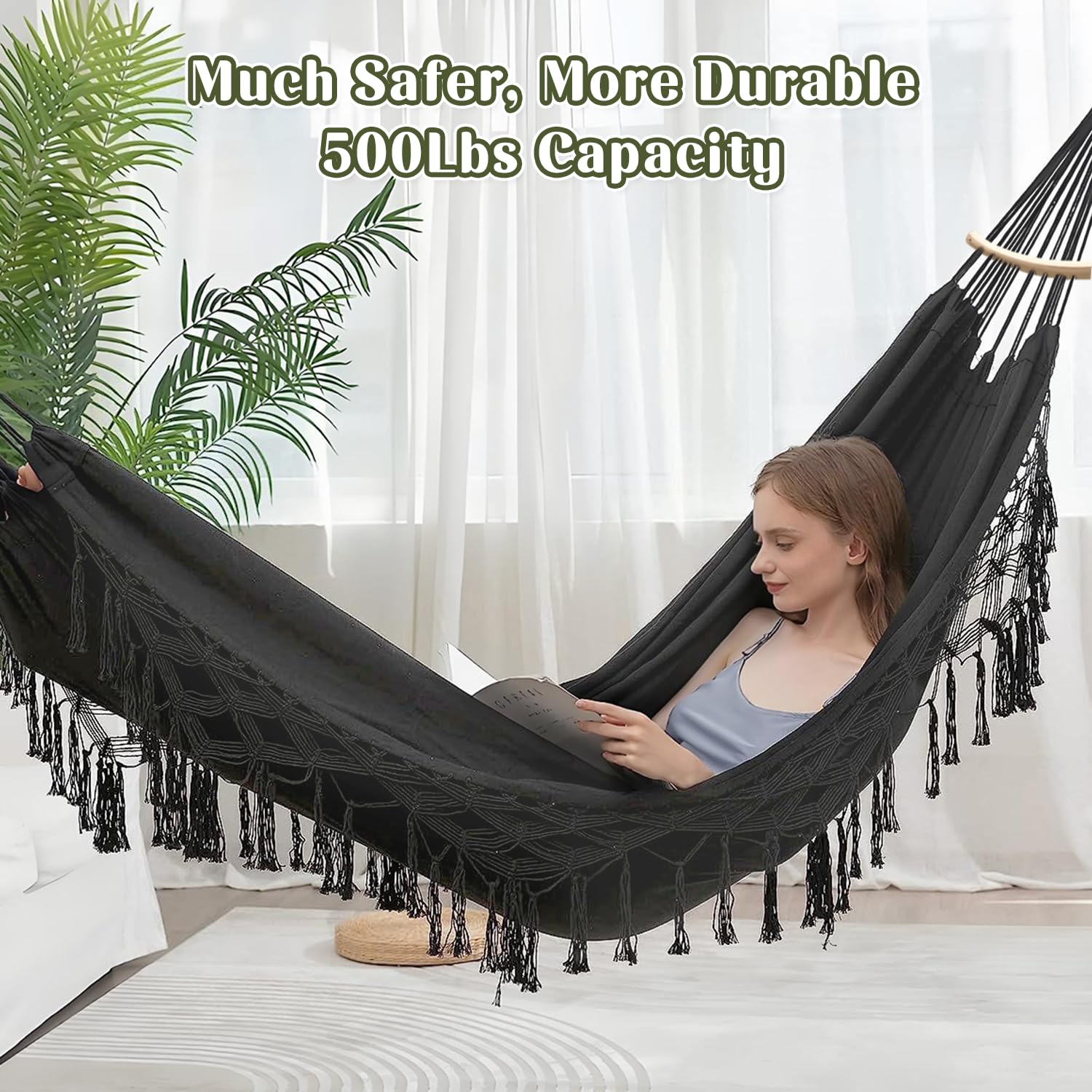 Hängematte Outdoor Boho, XXL Übergroßer Hängematte Hängesessel 2 Personen max 440 lbs, Hängeschaukel mit Tasche Holzstange Hängematte Indoor & Outdoor für Patio Garten Terrasse Wohn-Schlafzimmer