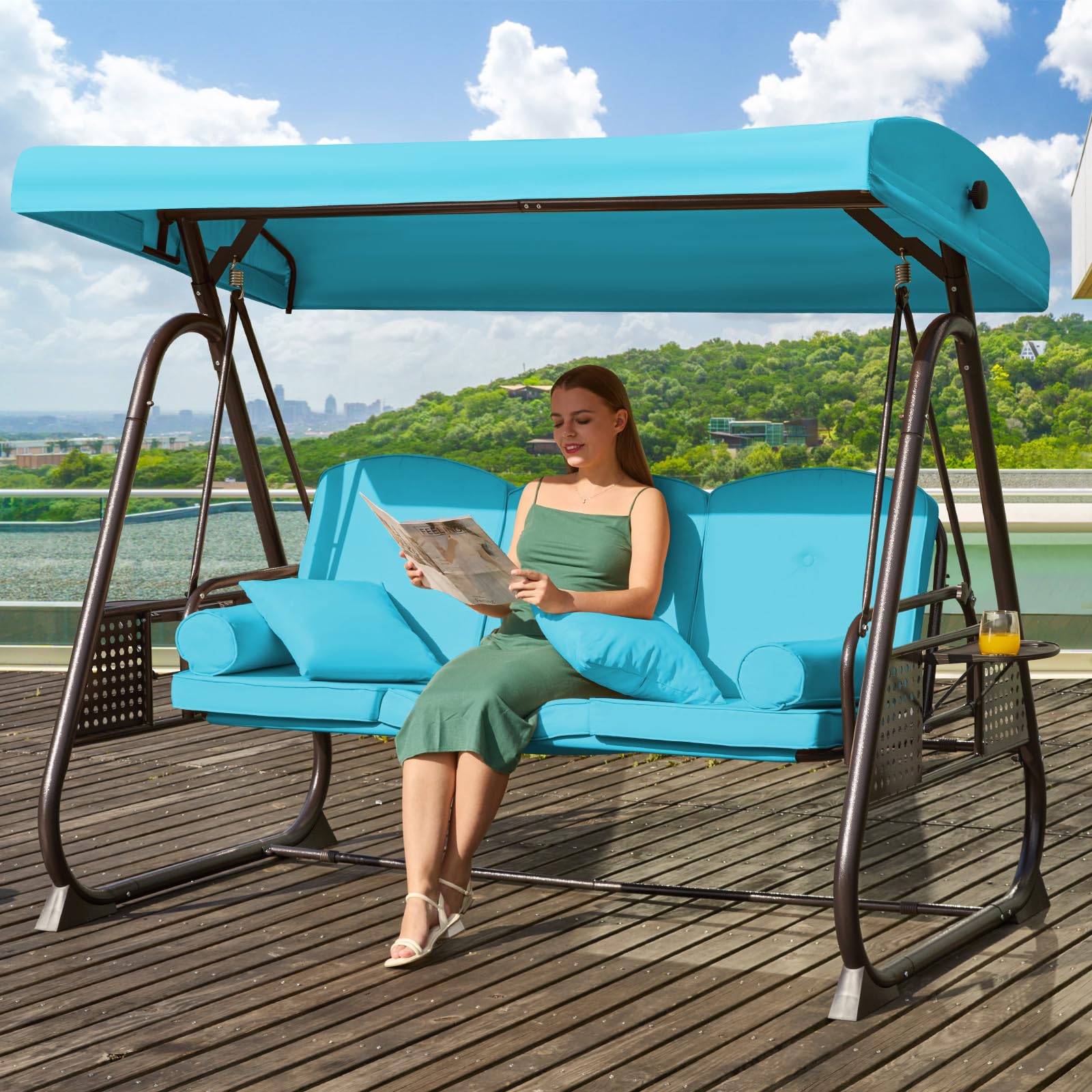3 in 1 Outdoor Porch Swing with Adjustable Canopy, 3 Seat Outdoor Swing for Adults, Patio Swing Chair with Thickened Cushions,Pillows &amp; Cup Holders for Backyard, Porch, Garden (Lake Blue)