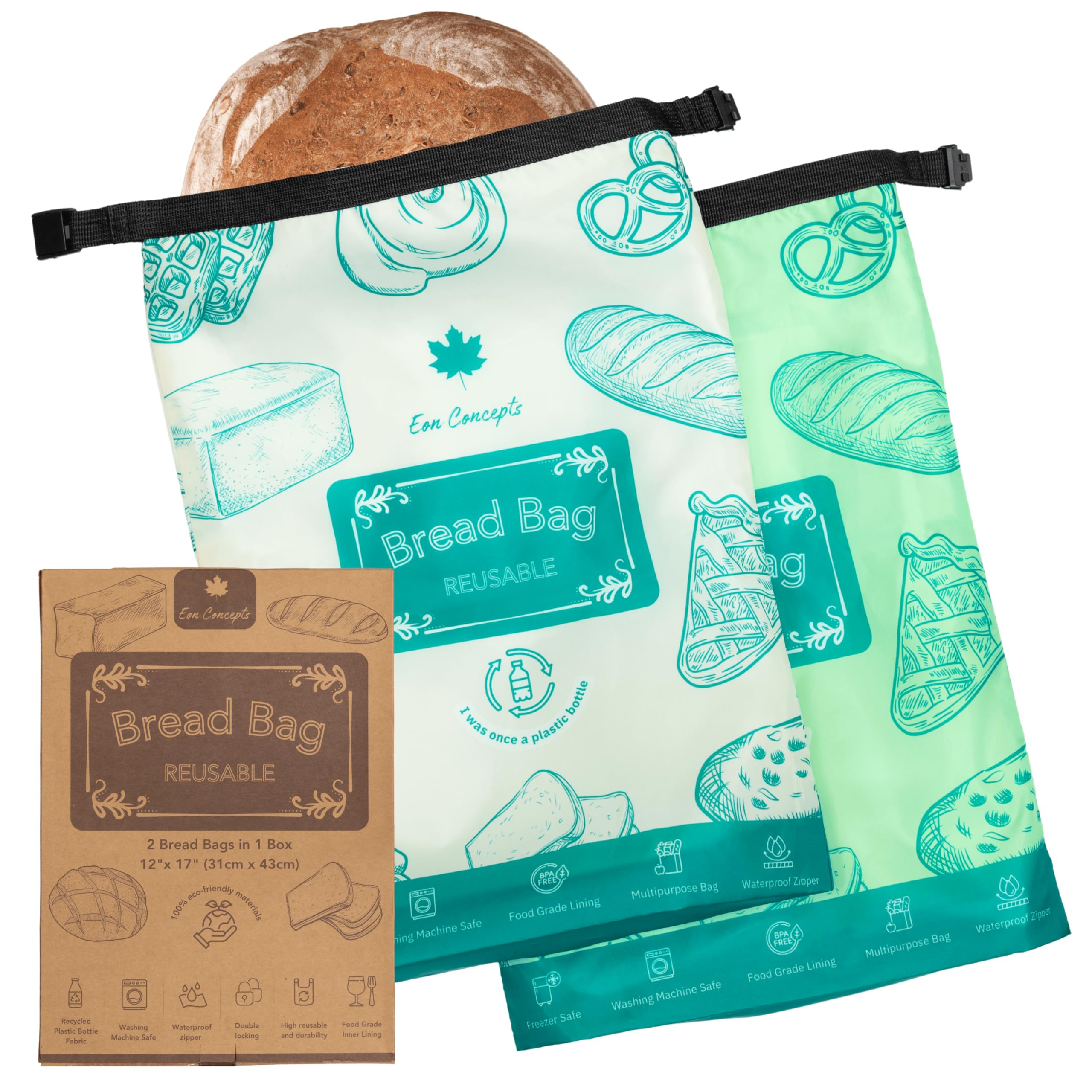 Bread Bags for Homemade & Sourdough Bread Loaf, 2 Pack Reusable Bread Bags, Freezer Safe, Breathable Fabric, Zip & Clip Locking