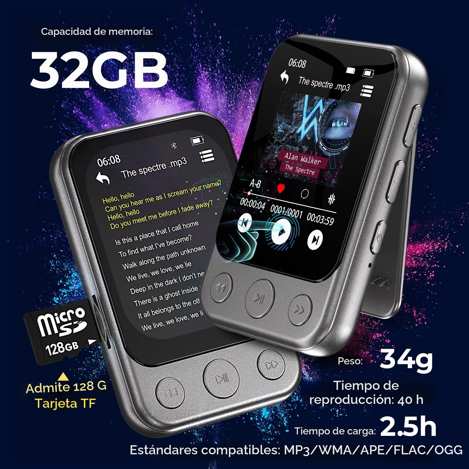 32GB Reproductor MP3 Bluetooth 5.3 con Clip y Altavoz, Reproductor de Música Deportivo con Pantalla Táctil y Botones, Control de Volumen Independiente, Radio FM, Ampliable hasta 128GB