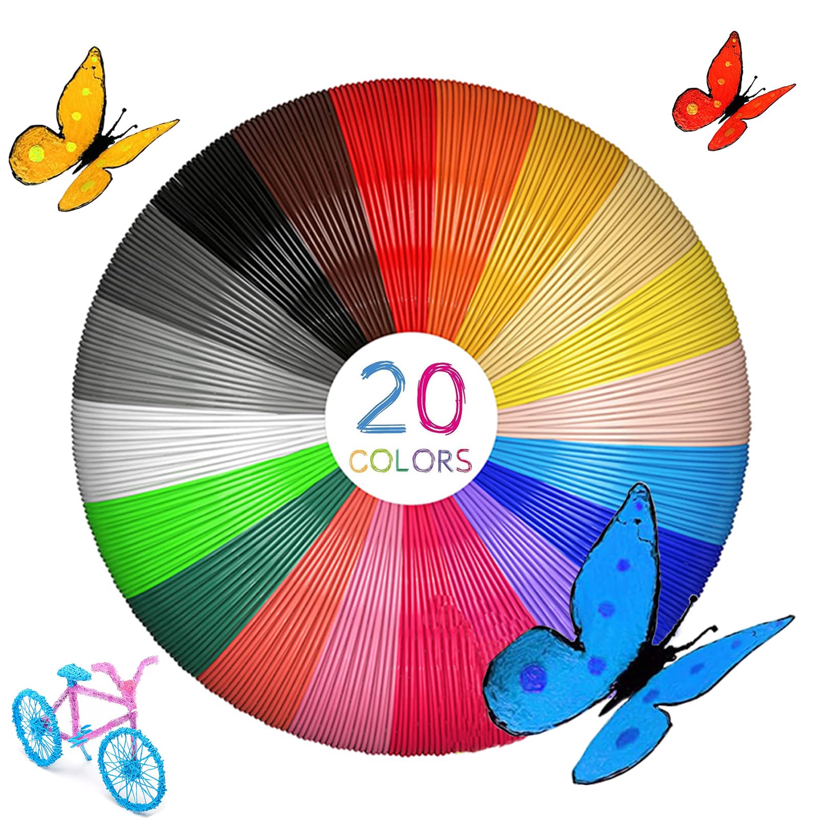 3D Pen Print Filament PLA 1.75 mm 20 Colors 3D Pen Printer PLA Refills Filament Suitable Create Art Crafts Things 5 meters per color 100 meters in total Compatible with most 3D printing pens