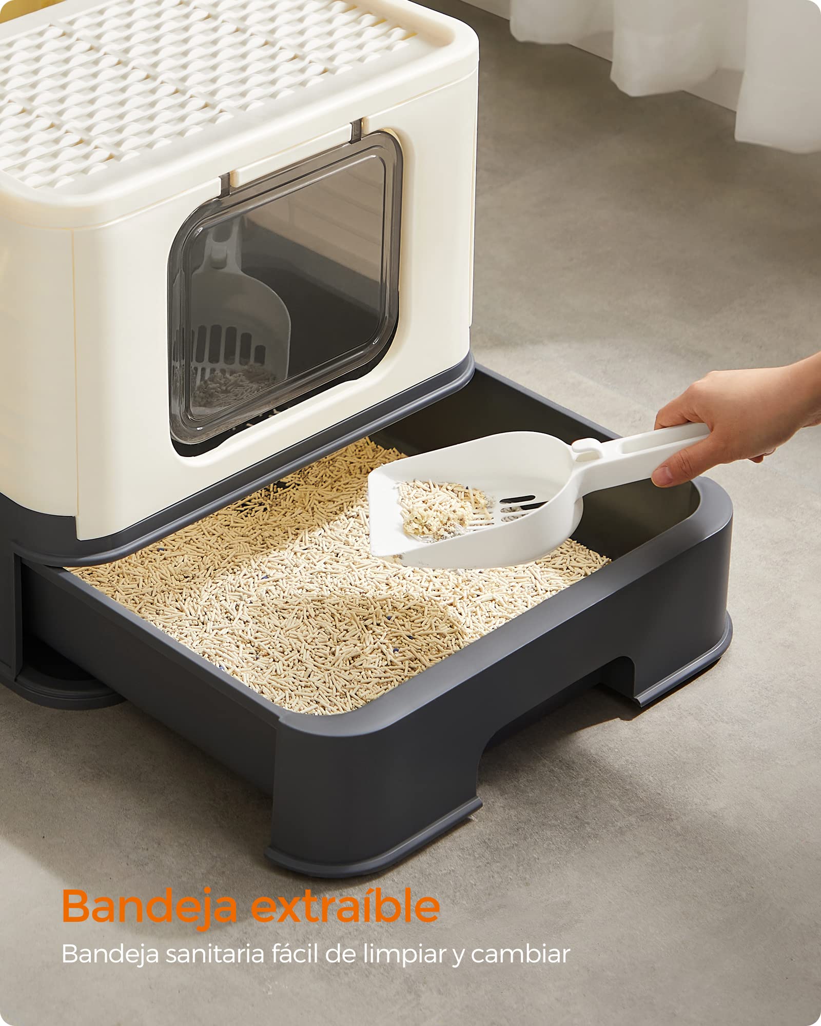 Feandrea Arenero para Gatos, Caja Arena con Bandeja Extraíble, Pala, Cepillo, Espacioso para Gatos Grandes, Carga de 15 kg, Antifiltración, Antiescapes, Beige y Negro PPT001W01