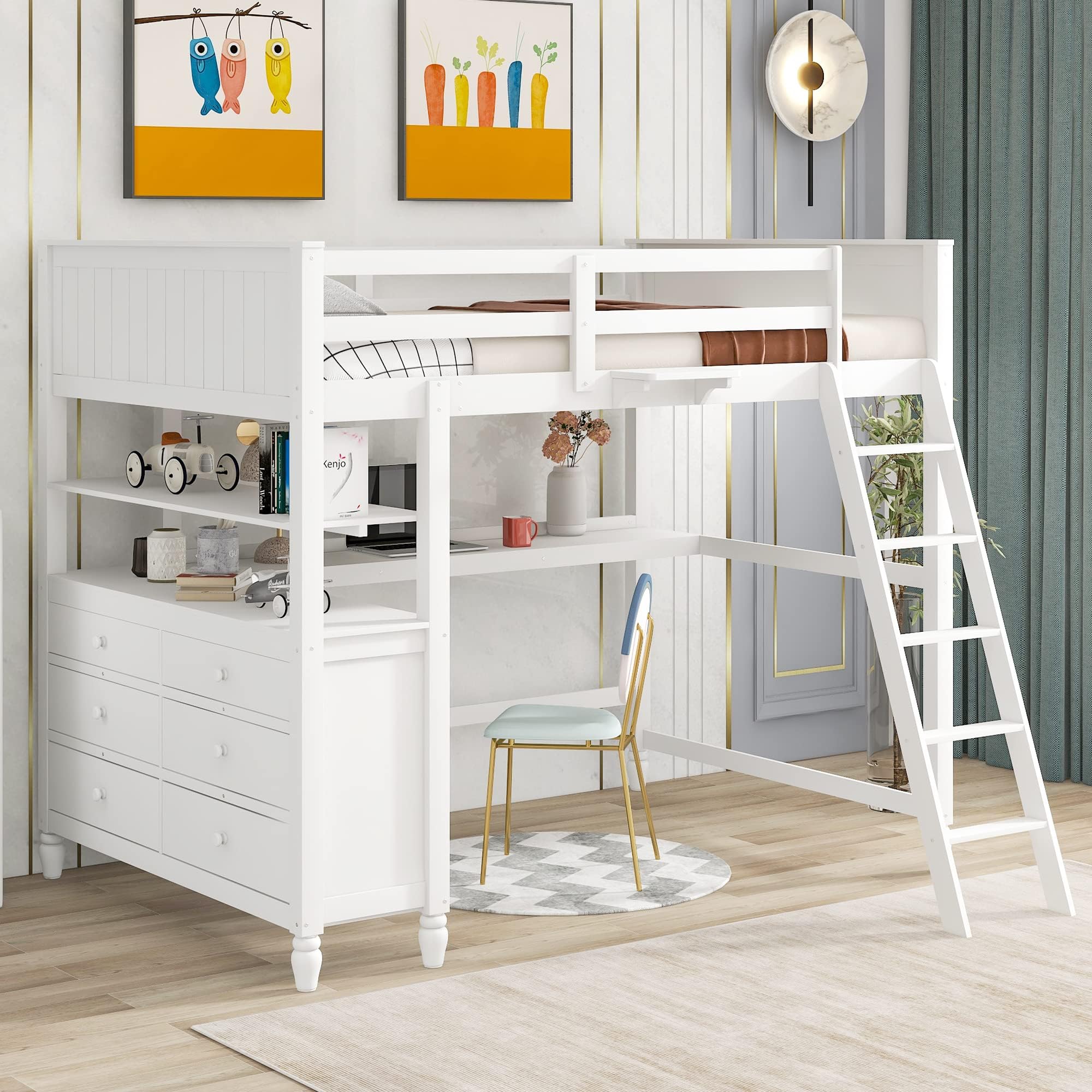 Harper & Bright Designs Full Size Loft Bed with Desk and Storage, Solid Wood Loft Bed Frame with Drawers and Shelves, for Kids Teens Adults - White