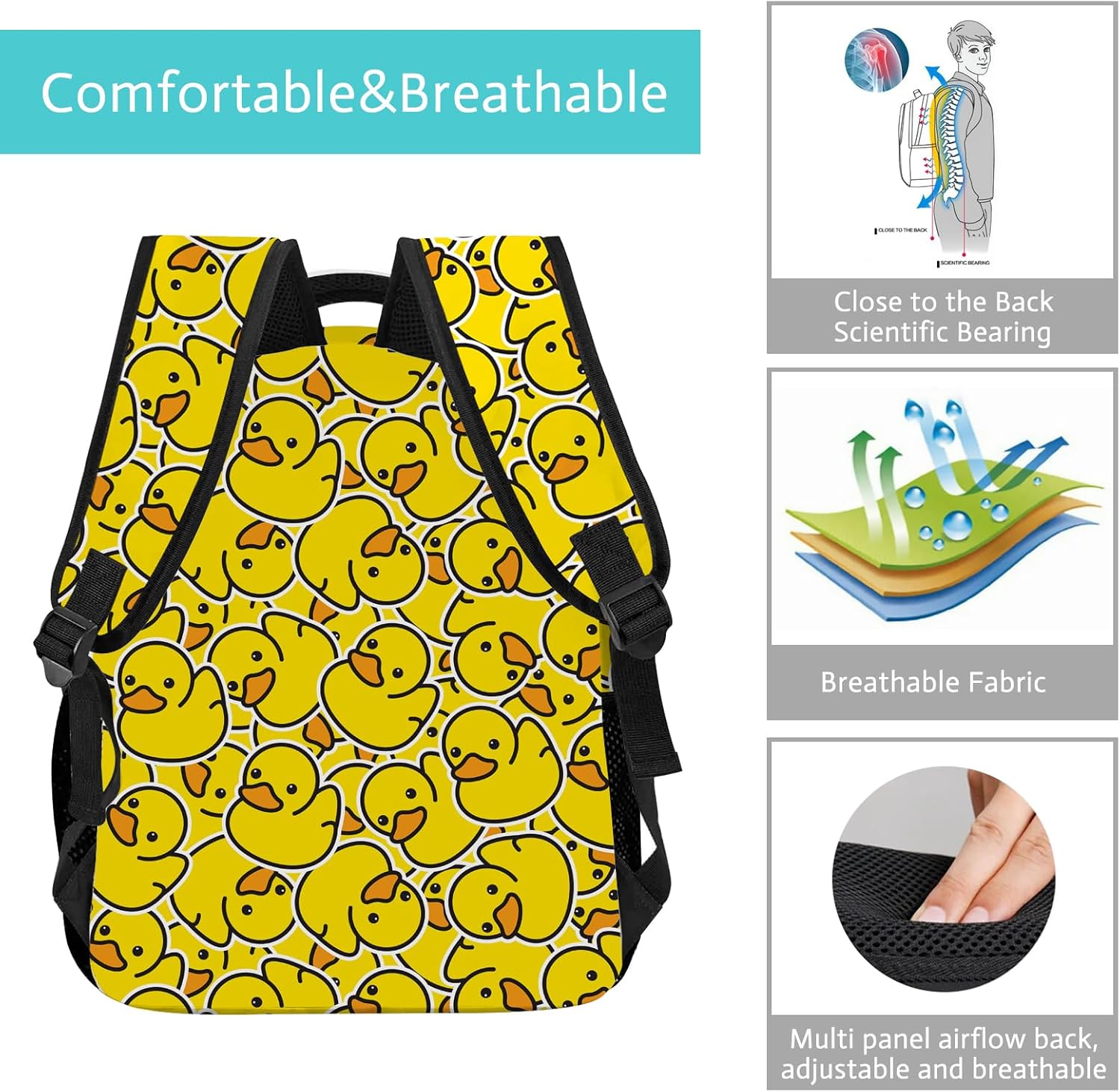 GNEW Duck Backpack, Cute Rubber Duck Backpack for Kids, Yellow Ducky Bookbag, Kawaii Backpack for School & Travel, Funny Animal Kids Backpack, Large 16 Inch Elementary Middle High School Backpack - Image 3
