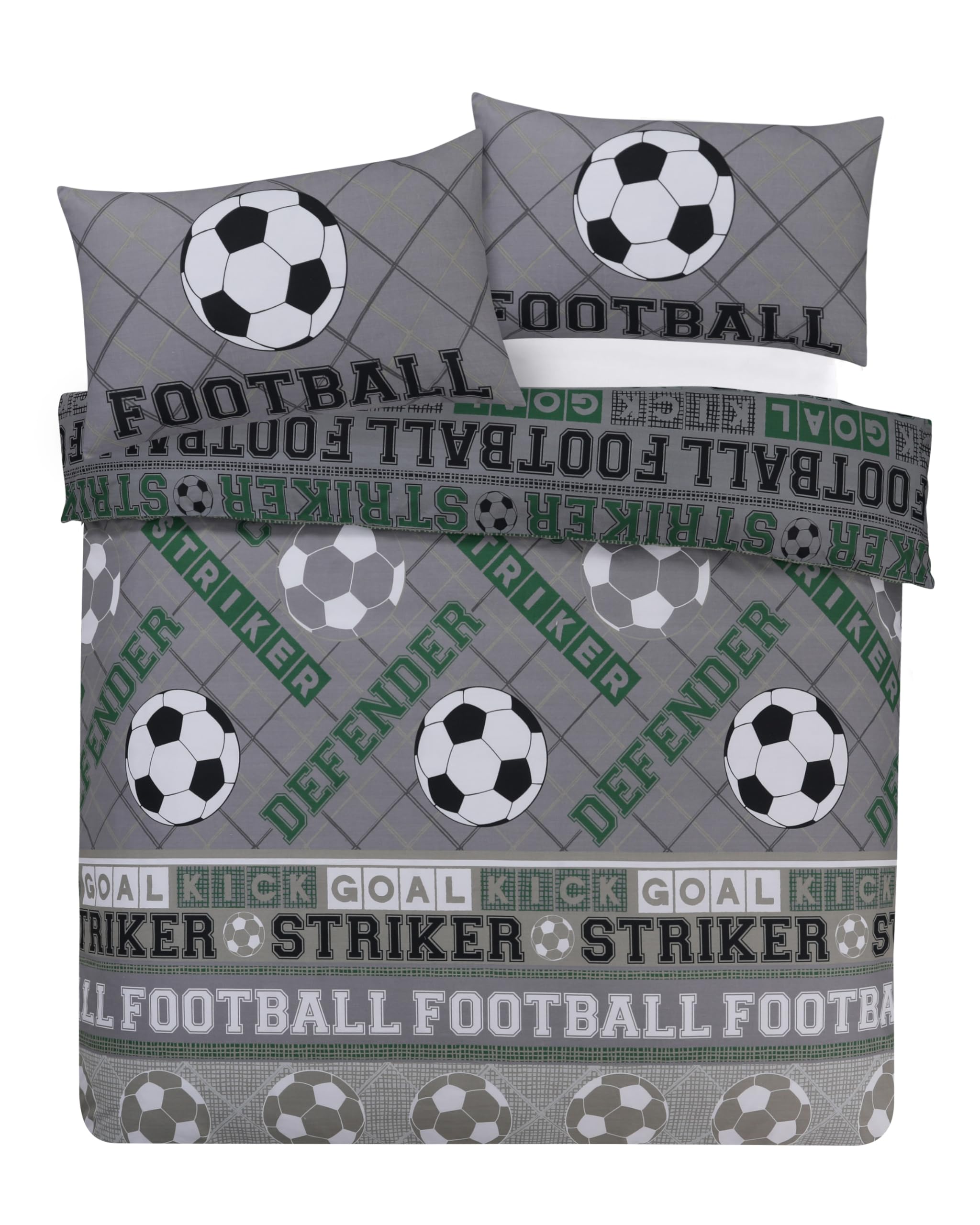 Charlotte Andersen Football Grey Green Double Duvet Cover Set Reversible Boys Bedding With Pillowcases (GREEN/GREY DUVET COVER SET, Double)