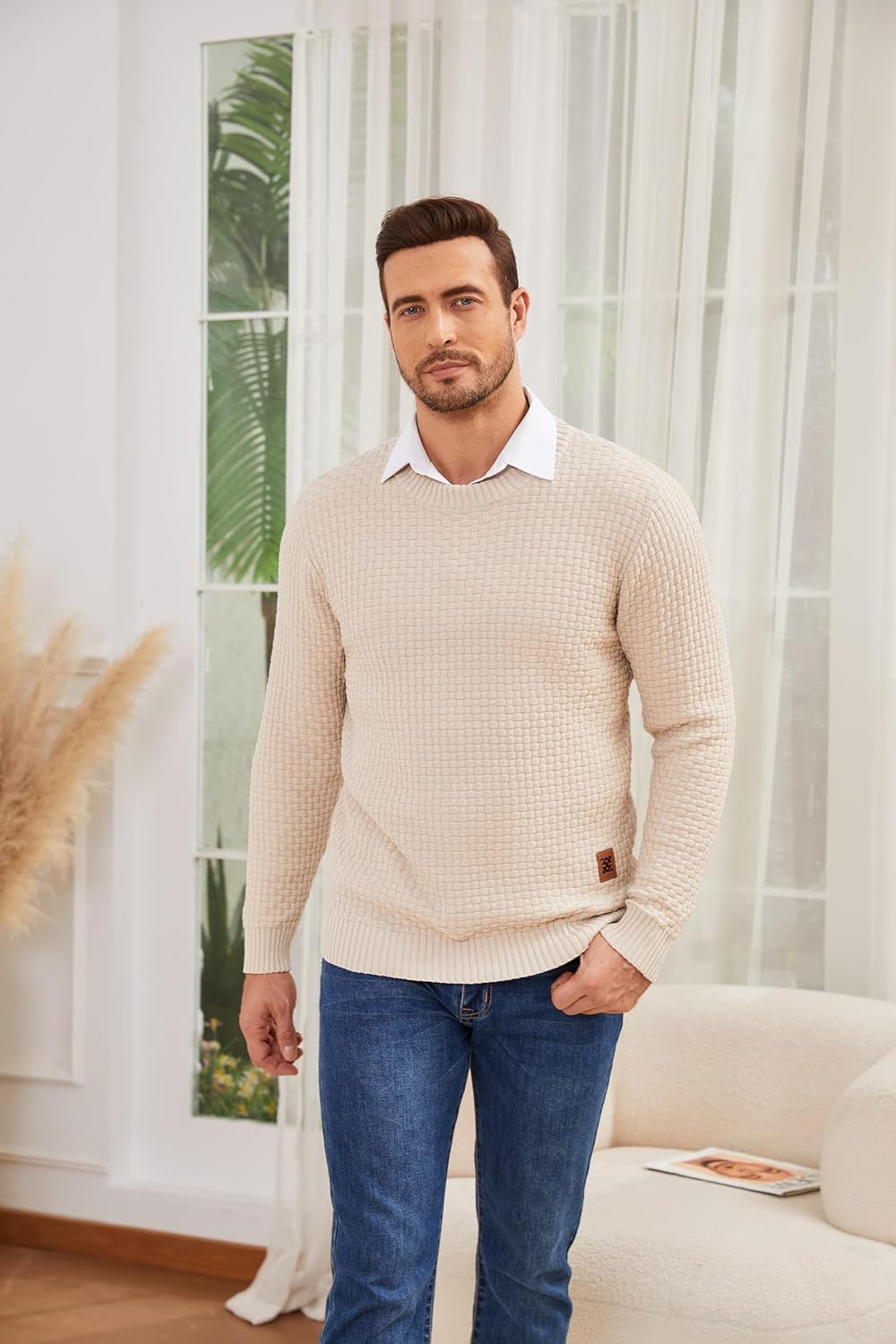 Zaitun Men's Crewneck Sweater Pullover Long Sleeve Solid Waffle Knitted Pullover Casual Sweaters - Image 2
